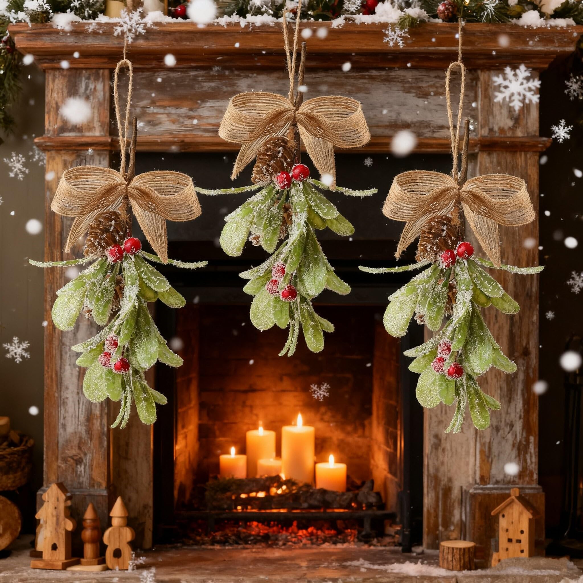 DAHI 3 adornos de muérdago artificial de Navidad con cinta, decoraciones de muérdago para colgar, muérdago artificial, conos de pino, decoración navideña, ramo de adornos