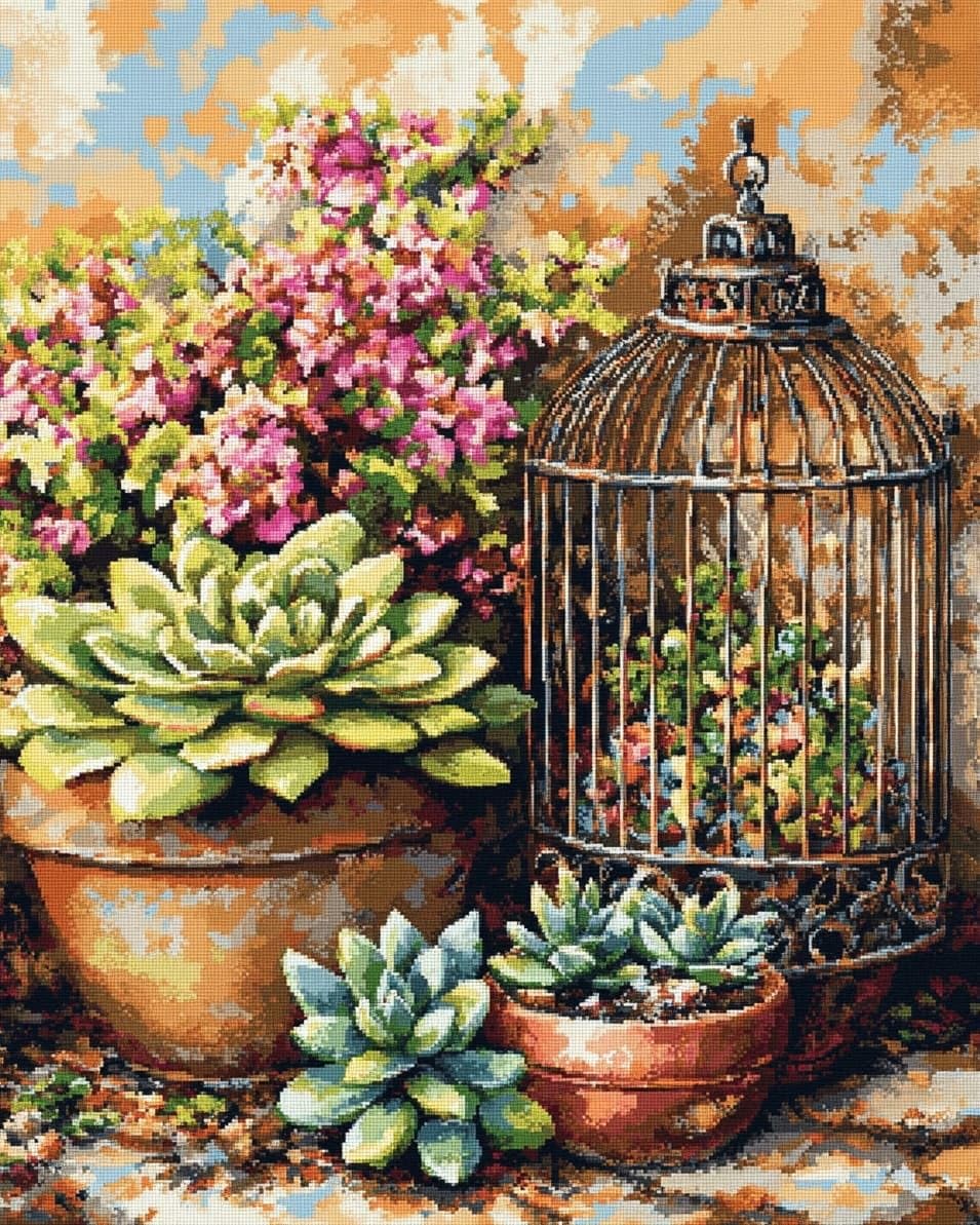 WallustrioaW Stamped Cross Stitch Kits for Adults Beginners,Succulents and birdcages,DIY Cross Stitch Patterns Crafts Embroidery Kits for Home Decor,40x50cm