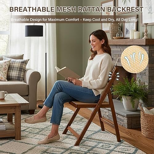 Miniatura 5 de Juego de 1 silla plegable de ratán, sillas de comedor modernas de mediados de siglo, cómodas sillas de bambú al aire libre para dormitorio, sala de