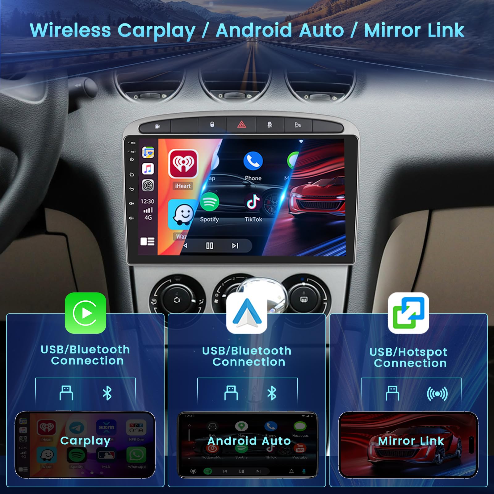 2+64G Android Autoradio per Peugeot 308 408 2007-2015 Wireless Carplay Android Auto, 9'' IPS Touchscreen Radio con Bluetooth/GPS/Telecamera di Retromarcia/FM/WiFi/SWC/26UI