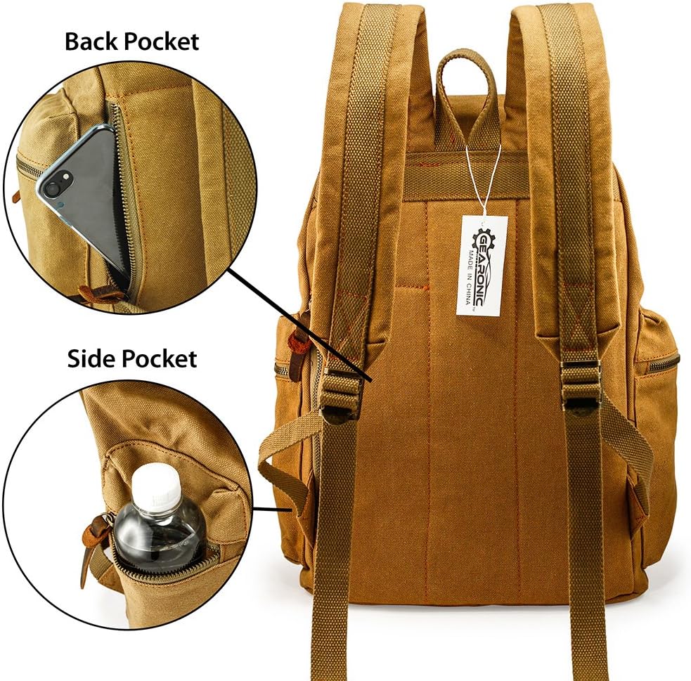 Suреr Dеаl Prоduсt GEARONIC TM 21L Vintage Canvas Backpack for Men Leather Rucksack Knapsack 15 inch Laptop Tote Satchel School Military Army Shoulder Rucksack Hiking Bag Khaki