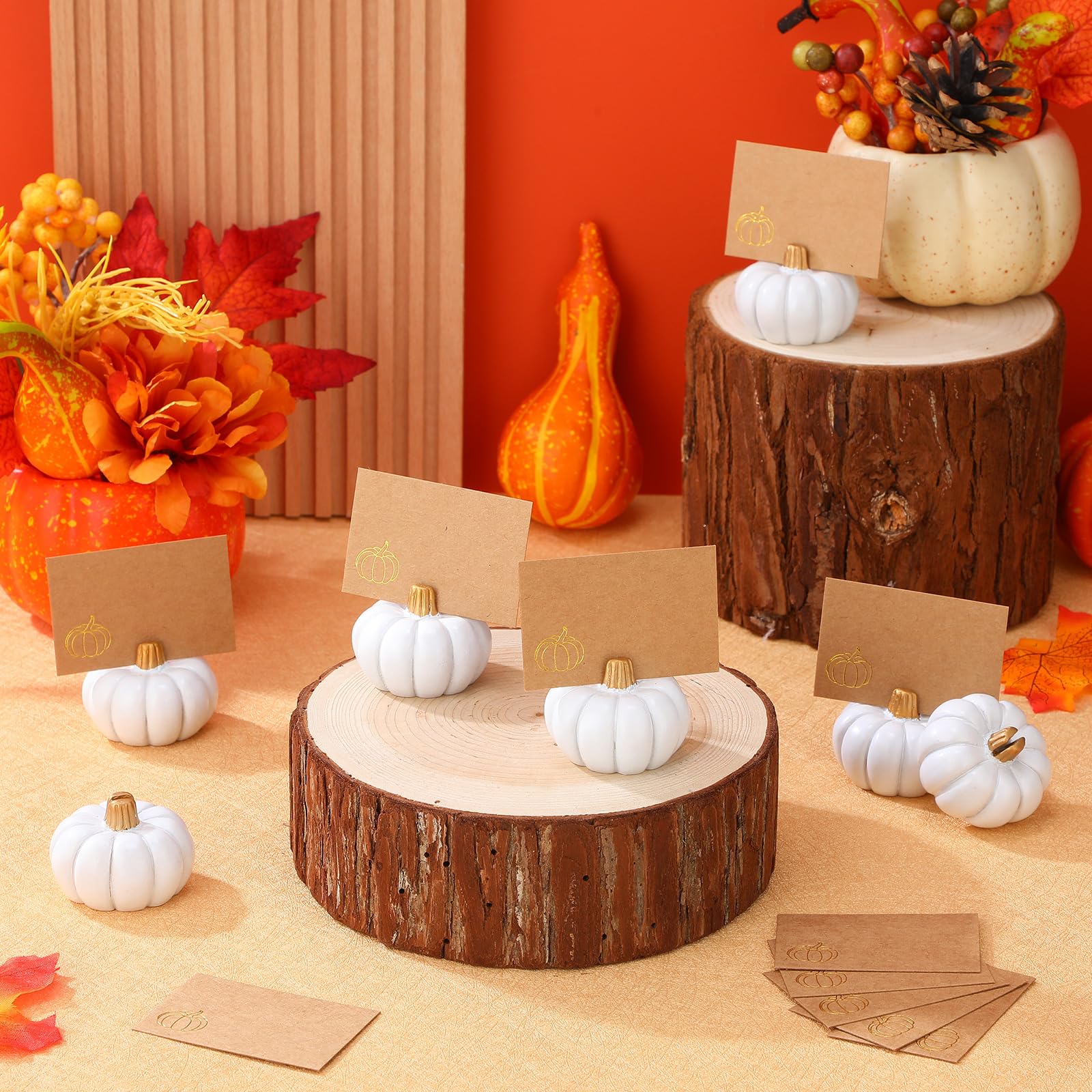 Yaomiao 16 Pcs Fall Mini Pumpkin Place Card Holder Halloween Table Number Holders Thanksgiving Photo Holder Fall Pumpkin Name Card Holders for Tables Fall Themed Weddings Bridal Party (White)
