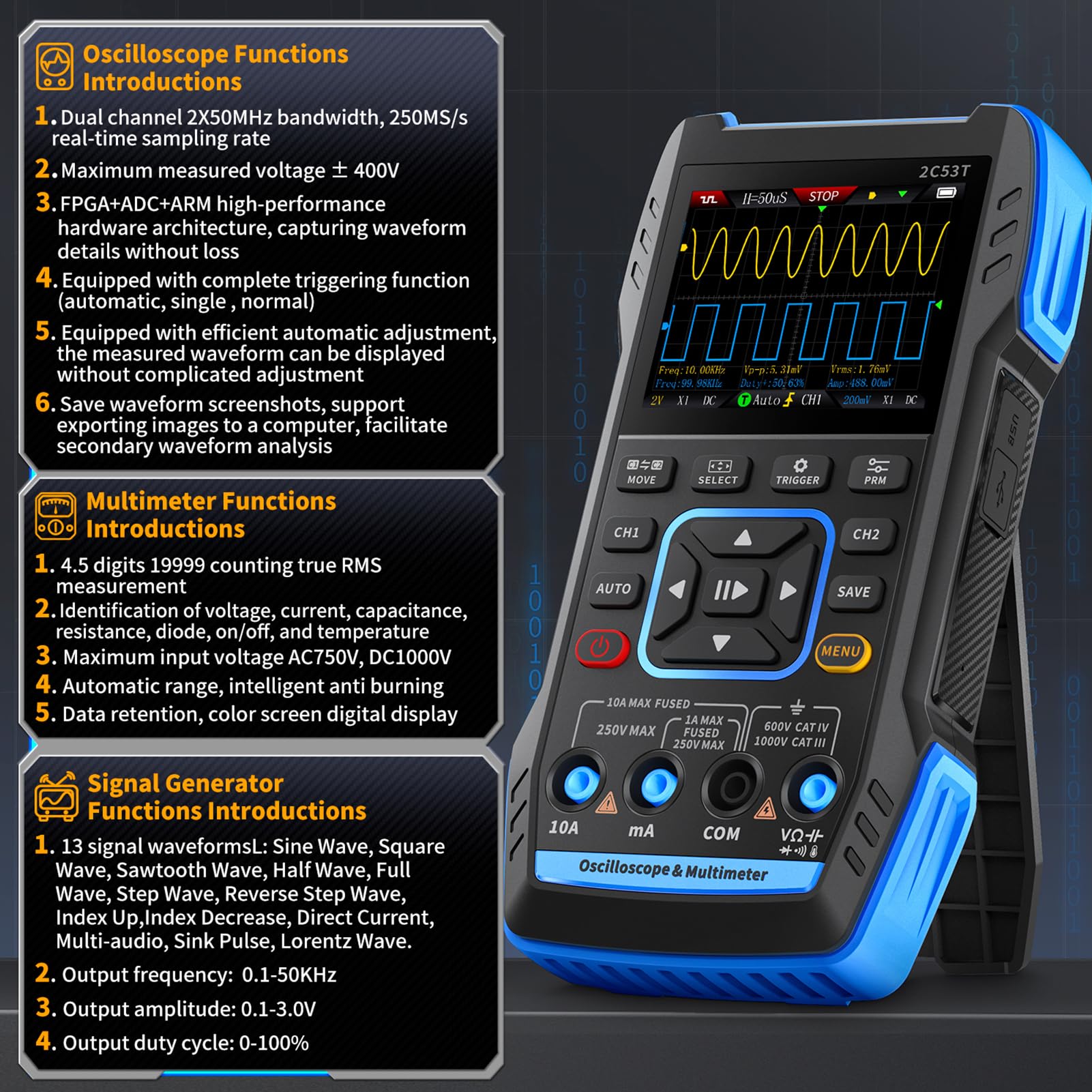 DEWIN Oszilloskop Multimeter, 2C53T Multifunktional 3-in-1 Oszilloskop Multimeter Signalgenerator Oscilloscope 2 Kanal 50MHz Bandbreite 250MS/s Abtastrate