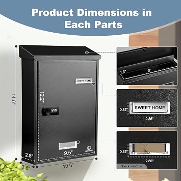 KINGCEPHAS Post Box,Wall Mounted Mail Box with Combination Lock(Black) | Medium Capacity,Weatherproof Galvanized Steel Letterbox for Outside,Viewing Windows,Nameplate,Easy to Install,27x9.2x37cm