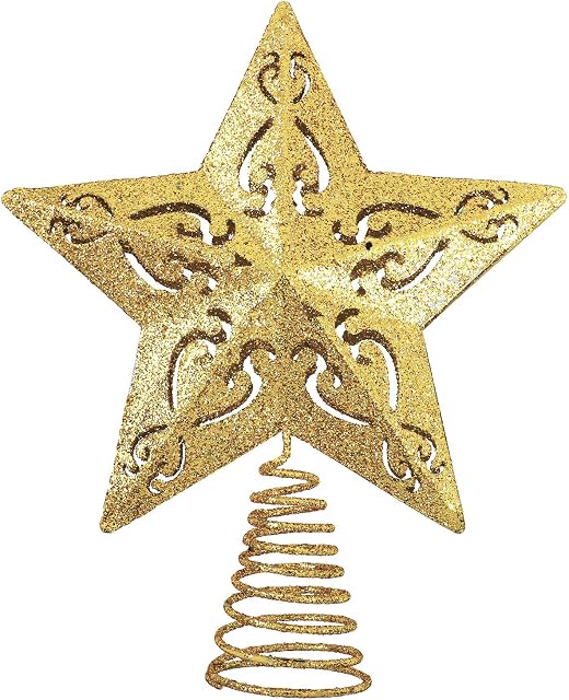 ANECO 8 Inches Glittered Christmas Tree Topper Metal 5 Point Star Treetop Xmas Tree Decoration Wire Star Treetop for Home Holiday Decor (Gold, 8 Inches)