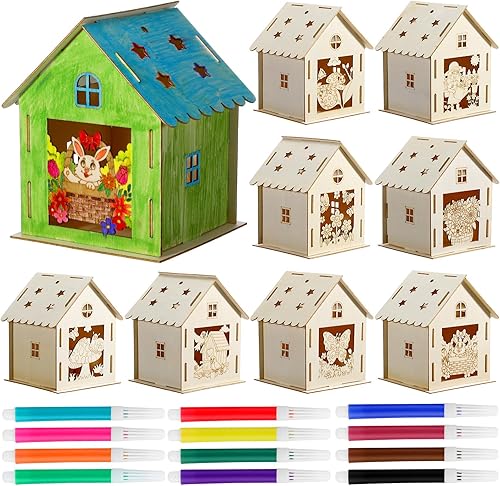 Wenqik Kit de manualidades de graffiti de casa de primavera, 9 piezas, corte 3D, rompecabezas de madera, casa de madera con 12 bolígrafos de