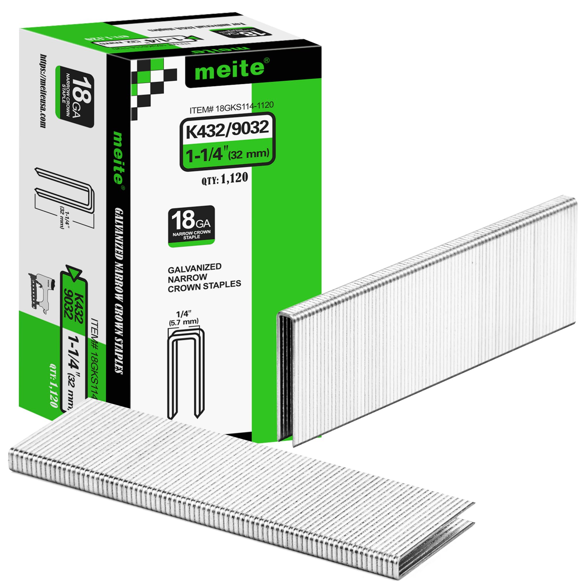 meite Type 90/32 mm 18 Gauge Galvanised Narrow Crown Staples 1,120 Pcs