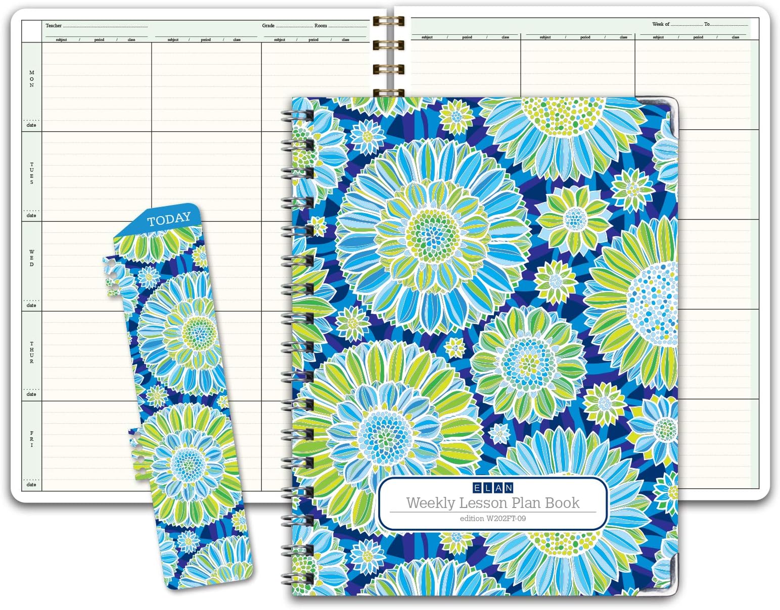 Elan Publishing CompanyHARDCOVER 6 Period Teacher Lesson Plan - Days Vertically Down The Side with Bonus Clip-in Bookmark (Blue Green Flowers)
