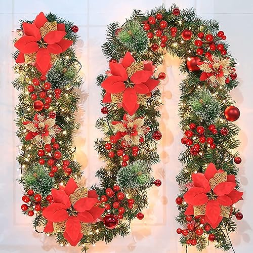 Christmas Garland,Christmas Garland with Lights,Xmas Decor,9 ft Rattan Artificial Flower Vine Plants Xmas Decorations for Indoor Outdoor Home Mantel Fireplace Stairs