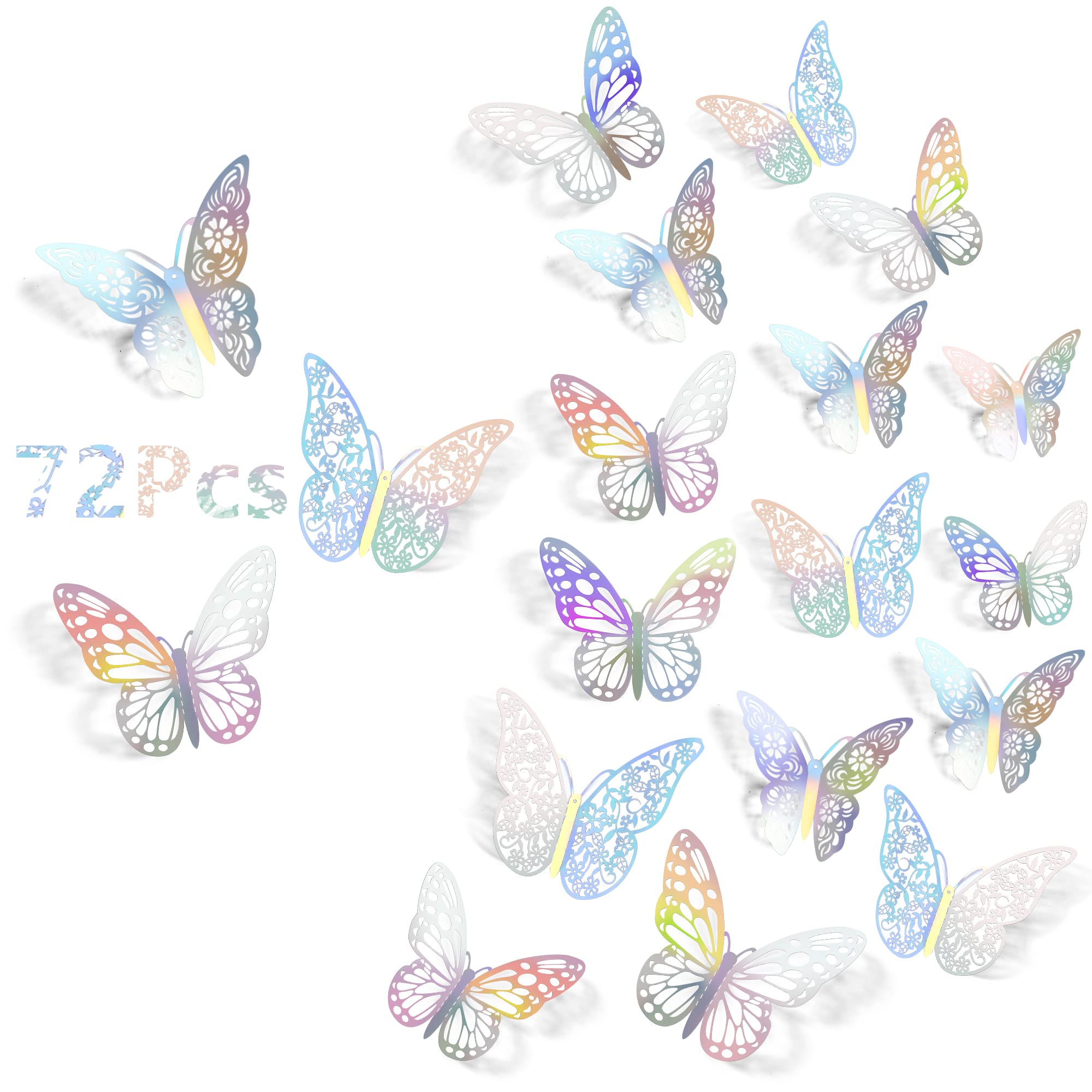 Photo 1 of SAOROPEB 3D Butterfly Wall Decor, 72Pcs 3 Sizes 3 Styles, Removable Stickers Wall Decor Room Mural for Party Cake Decoration Metallic Fridge Sticker Kids Bedroom Nursery Classroom Wedding Decor DIY Gift (Laser) 72 Pcs, 3 Styles, Laser