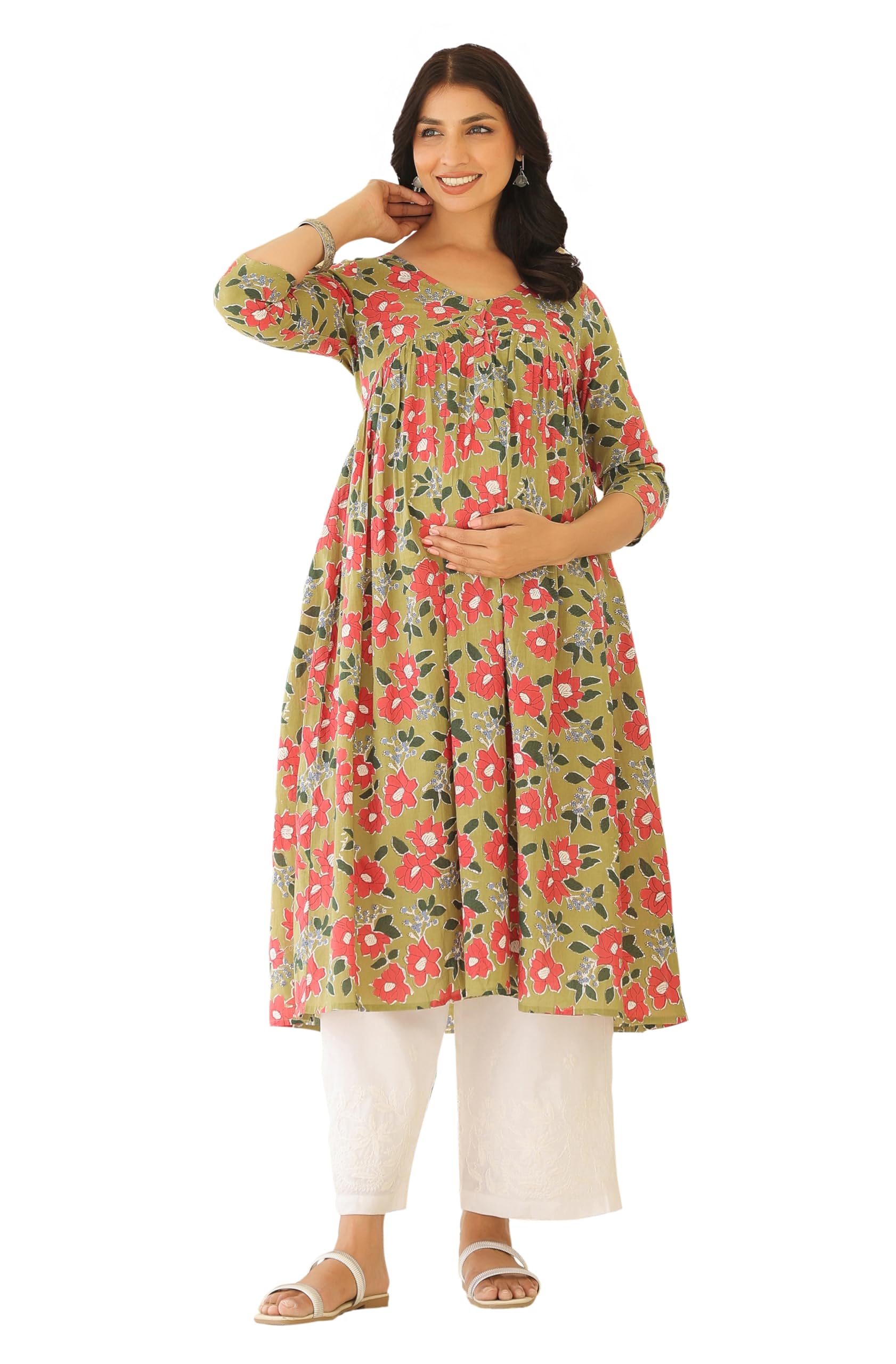 Women's Sage Green Pure Cotton Floral Printed Gathered Maternity Kurta-image-23