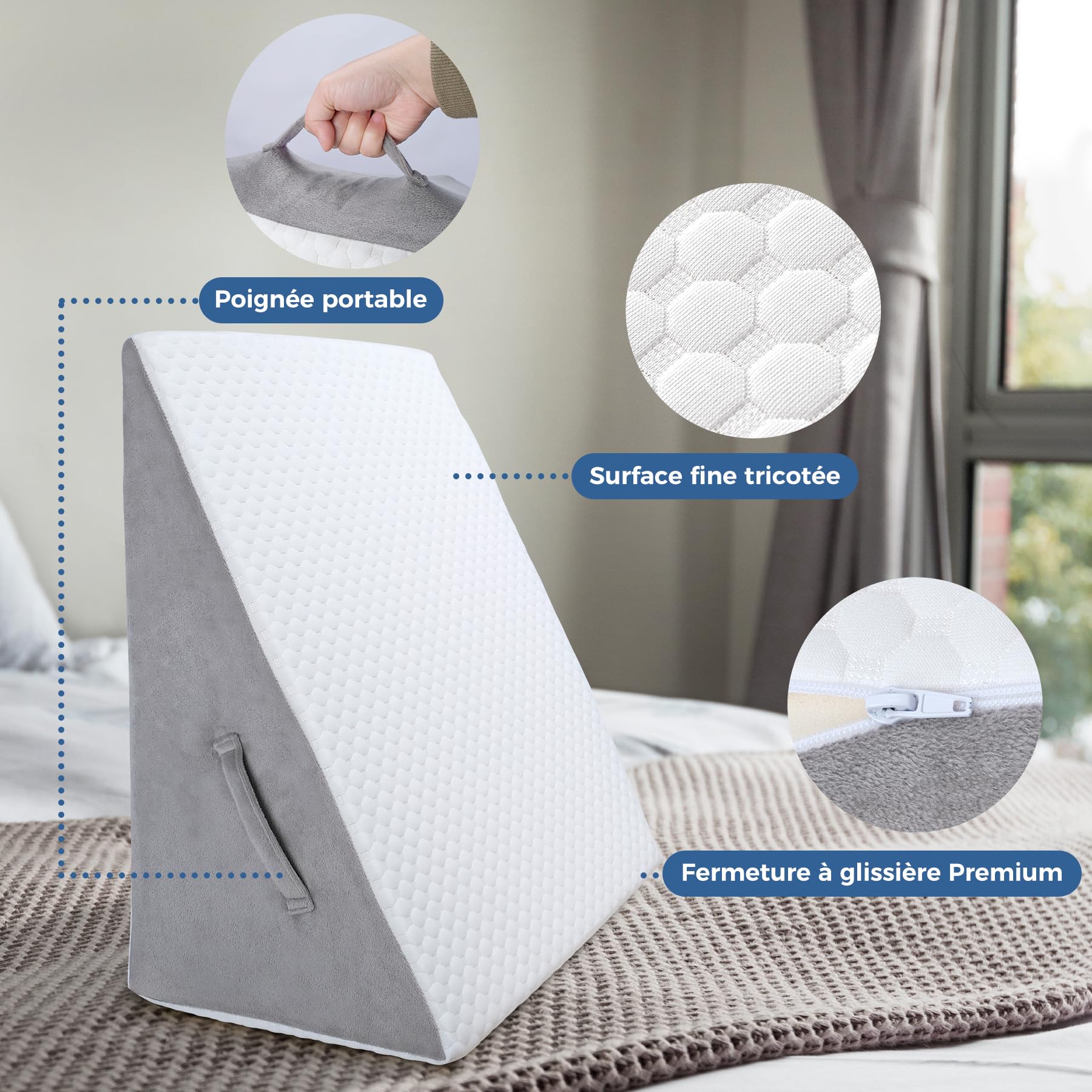 INFANZIA Coussin incliné pour lit, Oreiller Triangulaire Ergonomique en mémoire de Forme pour l'apnée du Sommeil, Coussin de Coin, Le ronflement, Reflux Acide (Blanc)