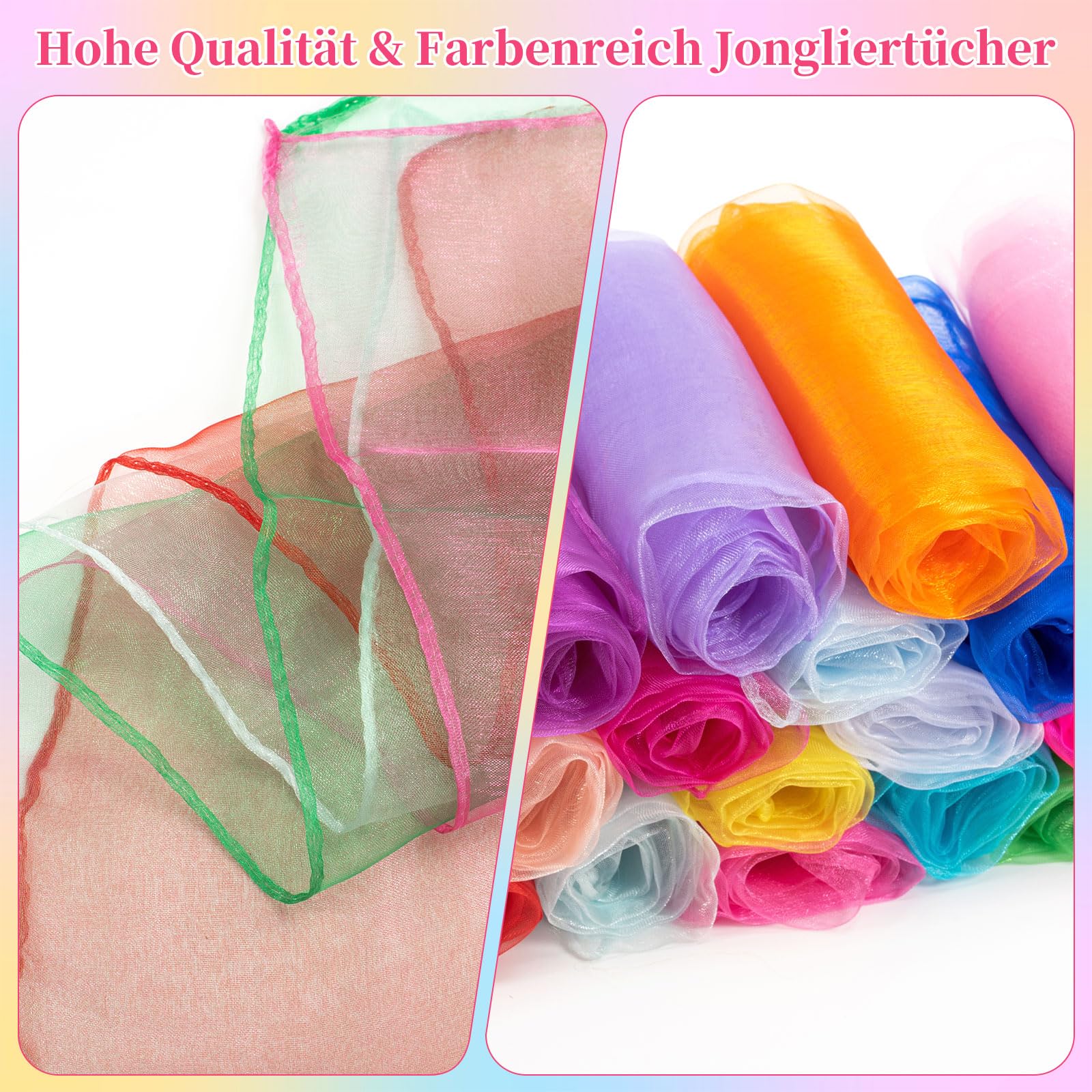 Kunoli 24 piezas de pañuelos para malabares para niños, pañuelos coloridos para bebés, 60×60 cm cuadrados, pañuelos coloridos para niños, adecuados para actuaciones infantiles como danza, fiestas