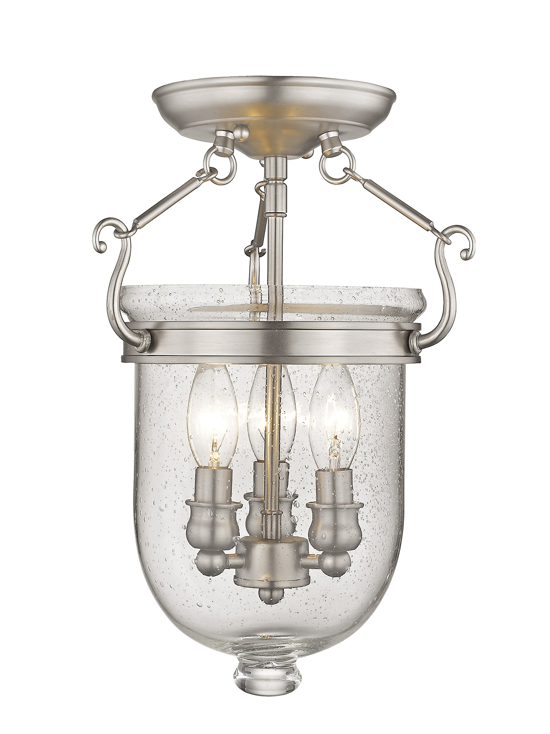 Photo 1 of Livex Lighting 5081-91 Jefferson 3 Light Brushed Nickel Bell Jar Semi Flush with Seeded Glass