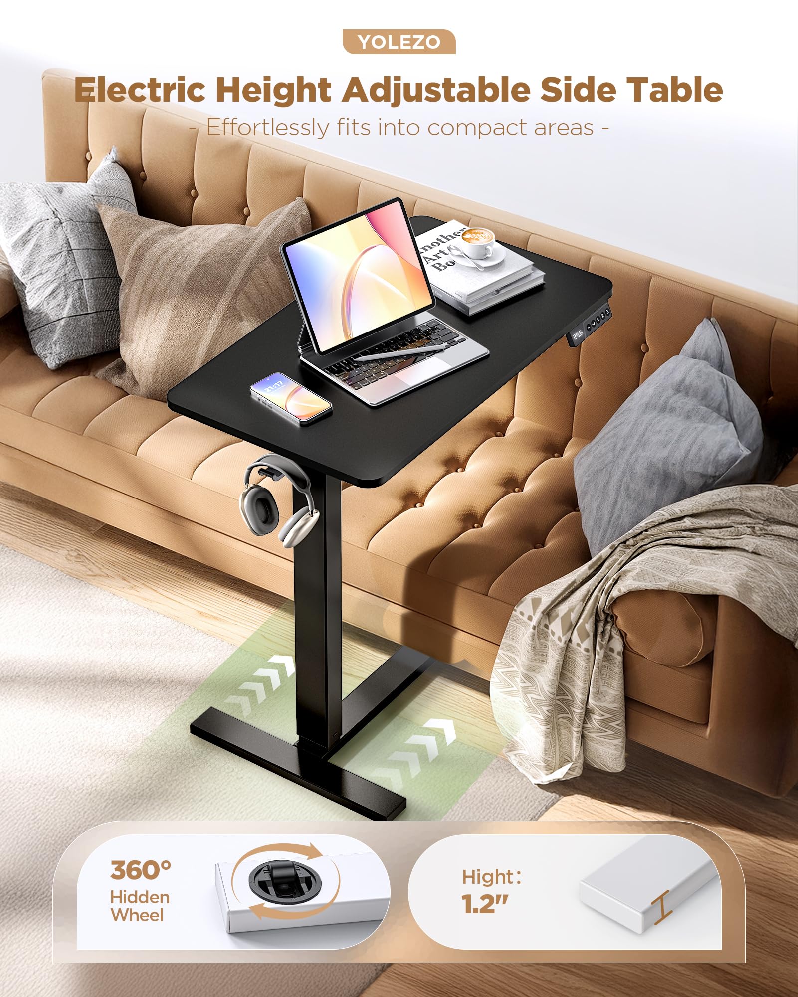 Overbed Bedside Table with Wheels Electric Standing Desk Adjustable Height Small Computer Desk for Home Office Rolling Laptop — view 2