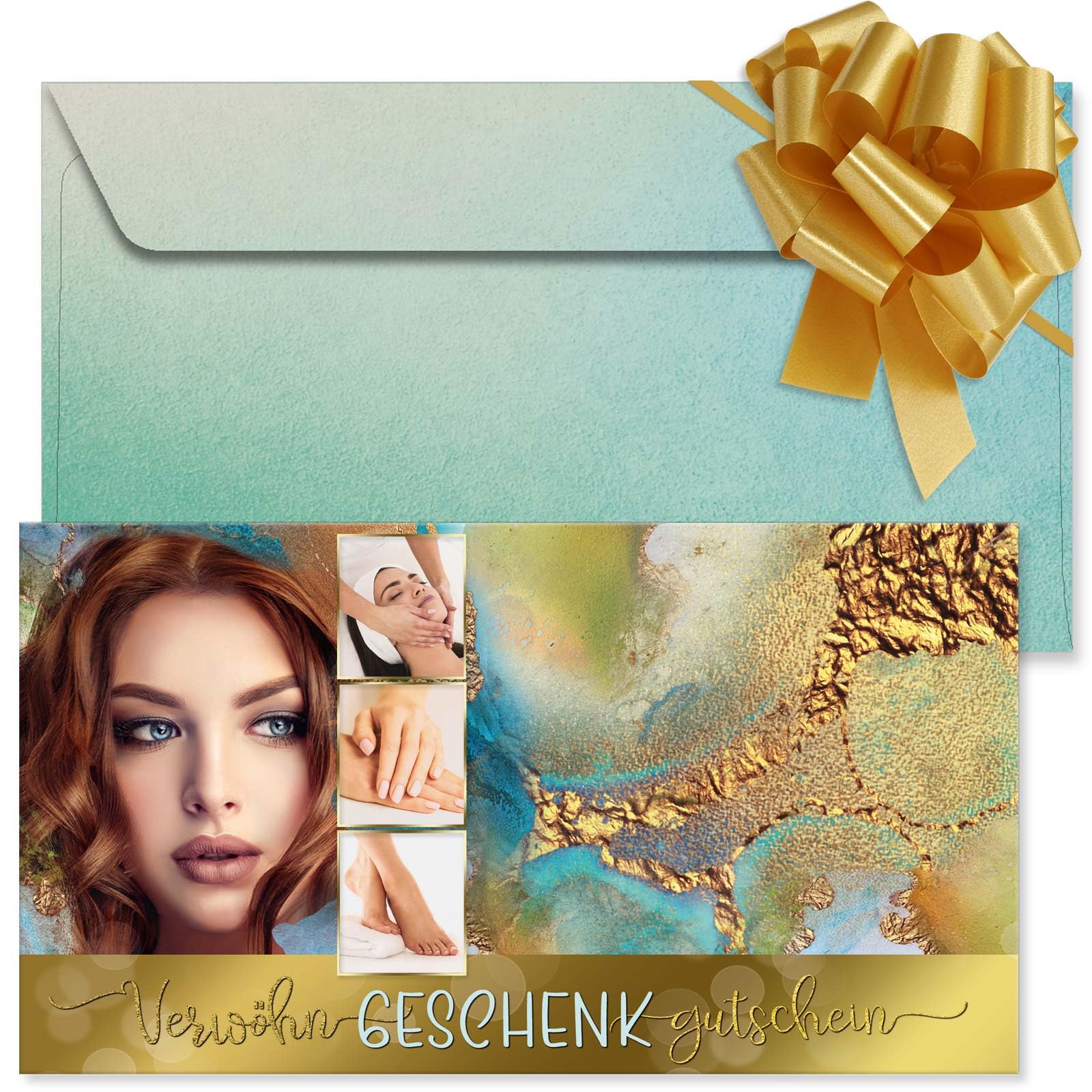 GESCHENKGUTSCHEINcom - 50 Gutscheine mit Umschlag/Schleife für Kosmetikinstitut Kosmetik Wellness - Geschenkgutschein-Vordruck blanko KS12002-2-50
