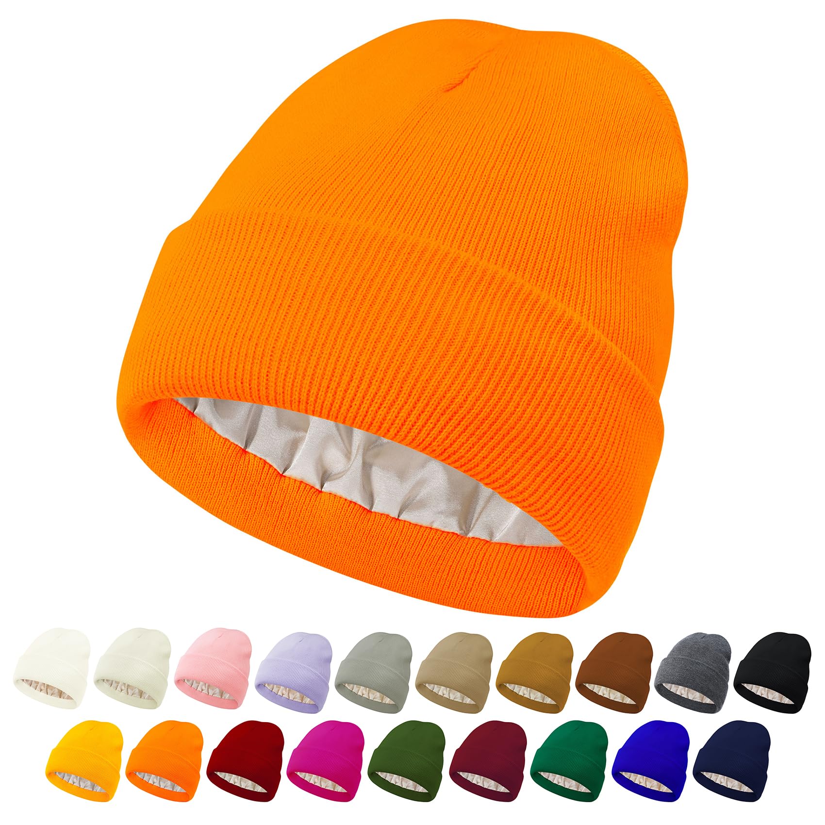 Unisex Satin Lined Beanie Silk Lined Beanie Warm Winter Hat Knit Hat Slouchy Beanie Hat for Women Men Orange