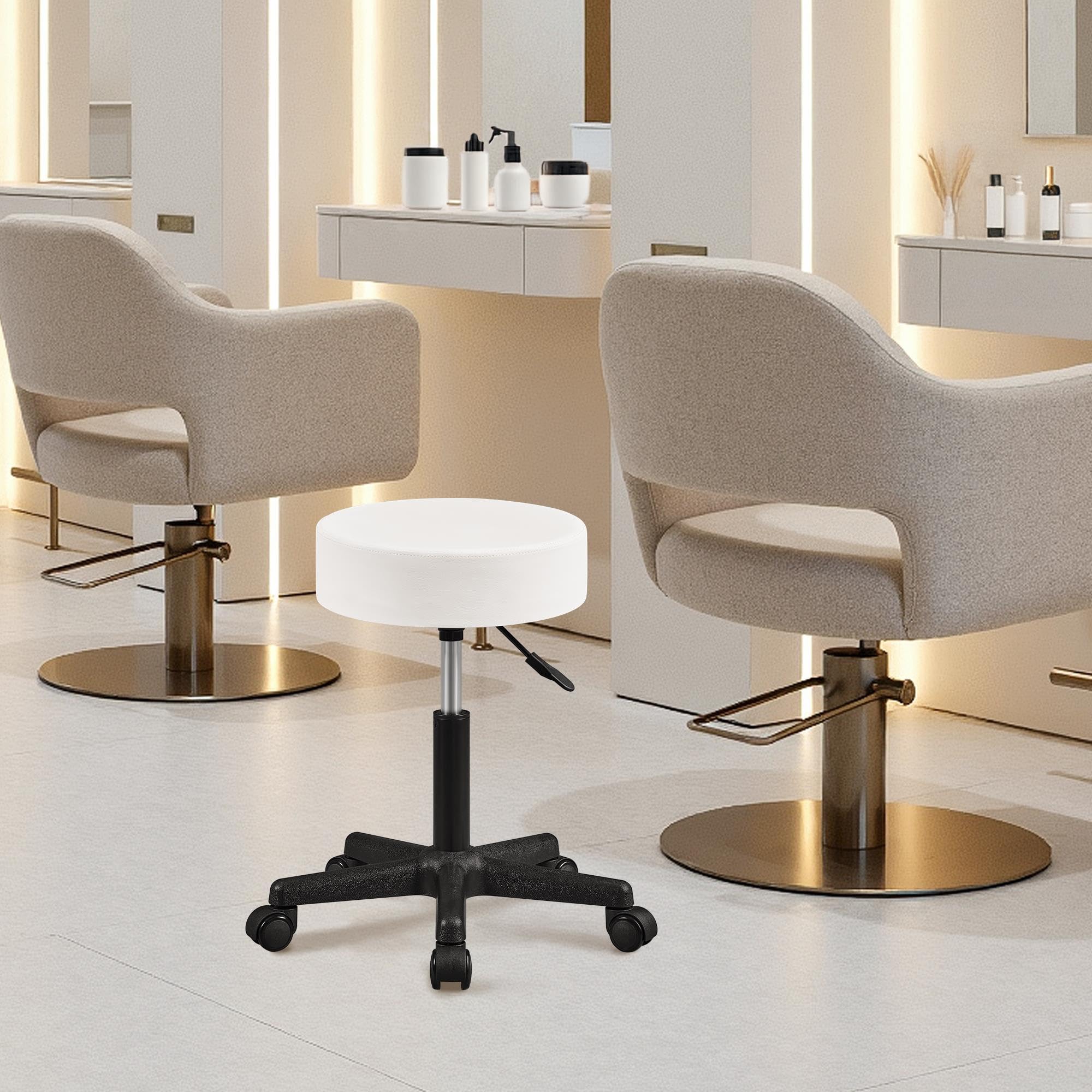 Yaheetech Taburete de Bar, con Ruedas, Silla Alta, Regulable en Altura, Giratorio, Cubierta PU, Trabajo para Salón de Belleza, Peluquería, Oficina, Consultas Blanco