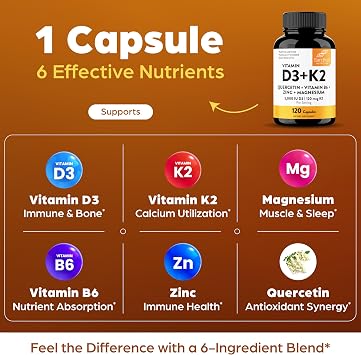 Sandhu's Vitamin D3 K2 Magnesium 5000 IU, 120mcg K2 Capsules 120 Count (Pack of 1) | with VIT B6, Zinc & Quercetin | D3K2 Supports Superior Absorption, Energy, Immune, Muscle Health for Men & Women