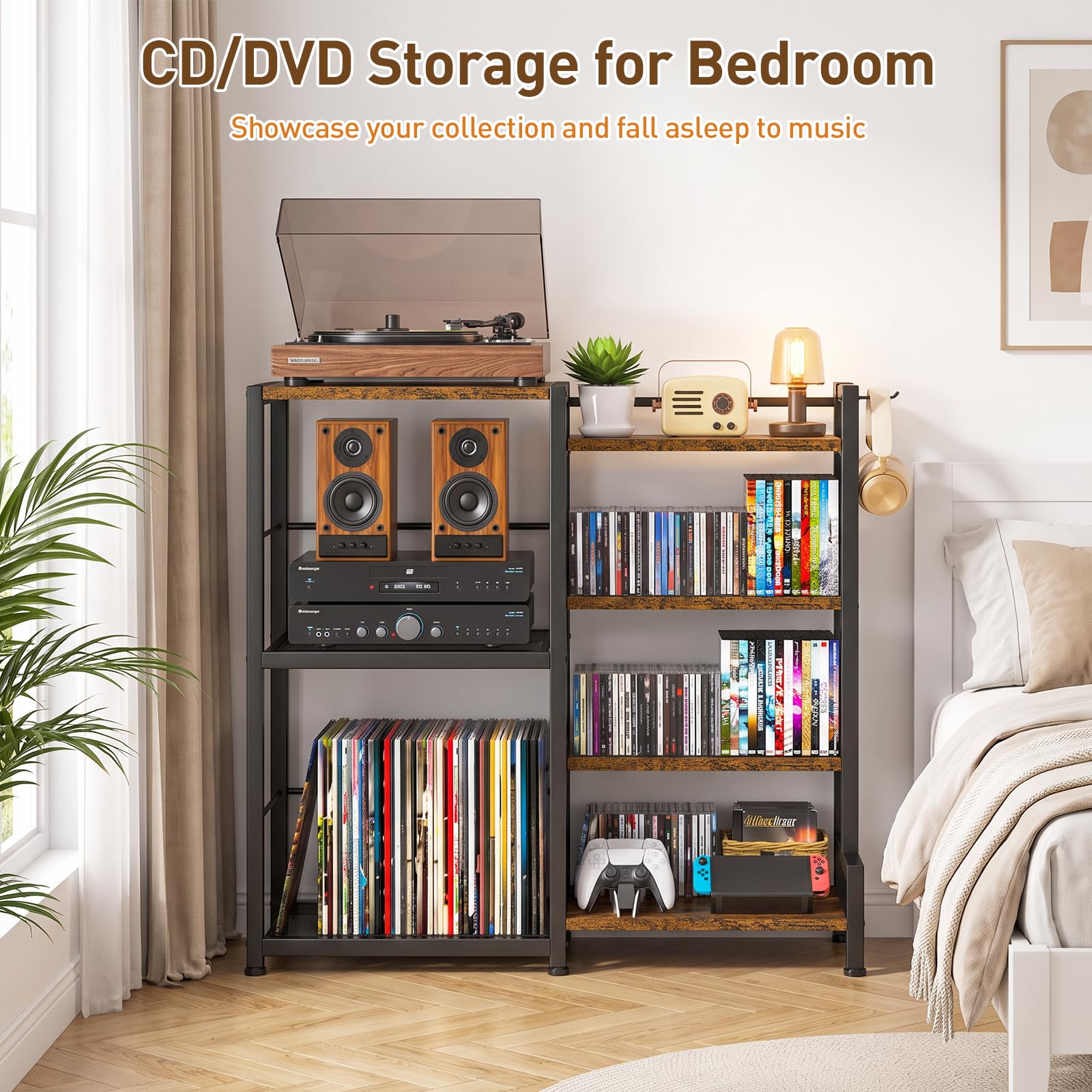 ikkle Scaffale per CD con supporto per dischi in vinile, scaffale per DVD e Blu-ray a 7 ripiani | Supporto compatto per CD e DVD, con supporto per giradischi, per CD, DVD, giochi e libri, per soggiorno, casa, ufficio