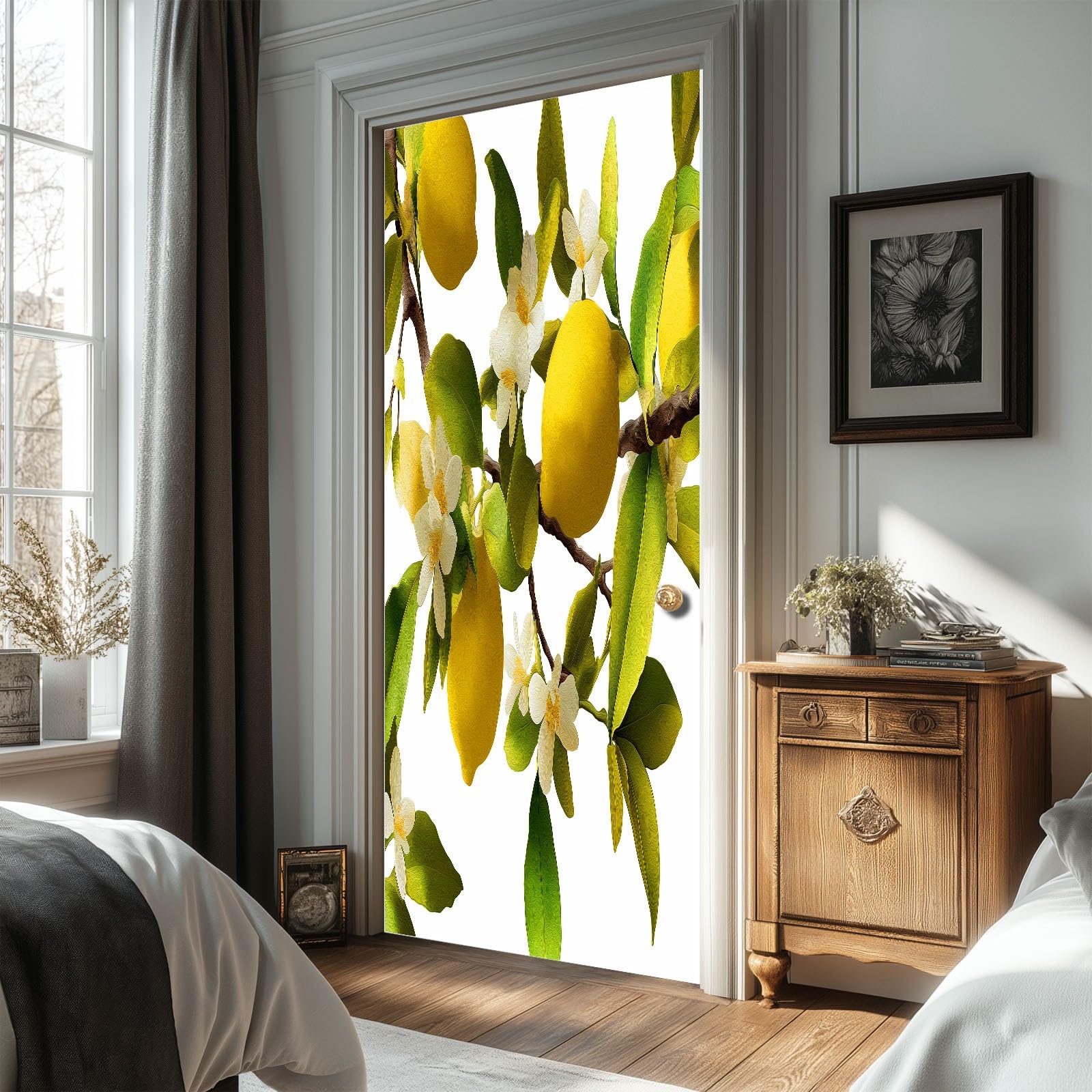 Tapeta na drzwi 3D, samoprzylepna, owoce, cytryna, liście, kwiaty, plakat na drzwi, ręcznie malowany styl akwarelowy, naklejka na drzwi, wodoodporna folia na drzwi, fototapeta do salonu, sypialni