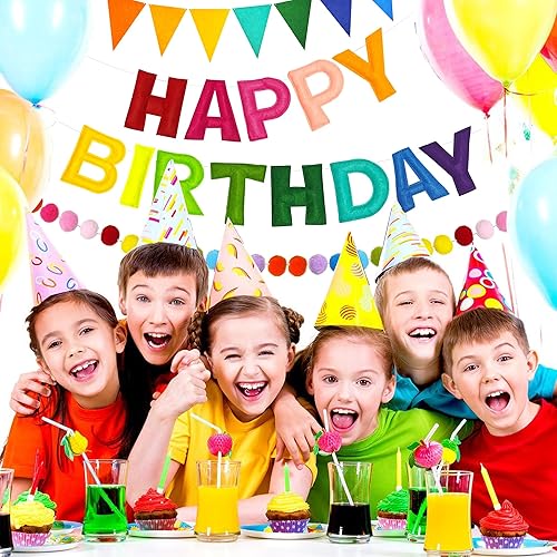 Miniatura 7 de CANREVEL Cartel de feliz cumpleaños 3D preencordado, 3 guirnaldas de fieltro de arcoíris, guirnalda de pompones, banderines de tela triangular,