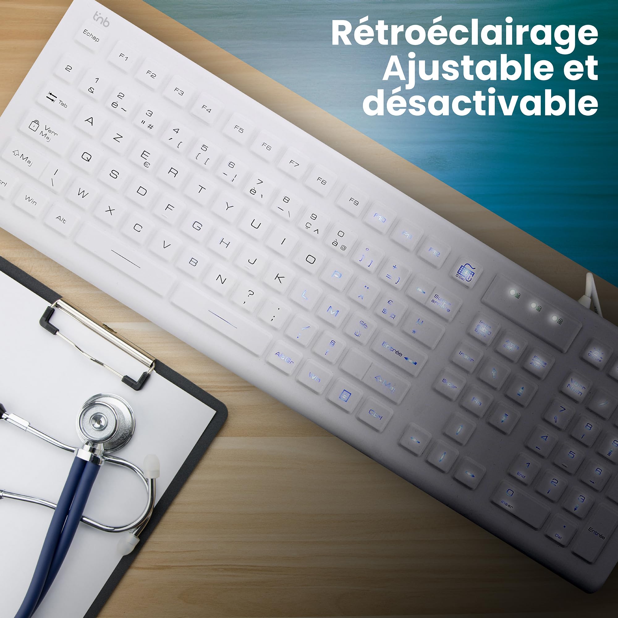 T'nB - Clavier Filaire Médical 100% Etanche certifié IP68, Résiste à l'eau et à la Poussière, Rétroéclairé, Layout Français AZERTY, Revêtement Silicone Facilement Nettoyable, Antibactérien- Blanc