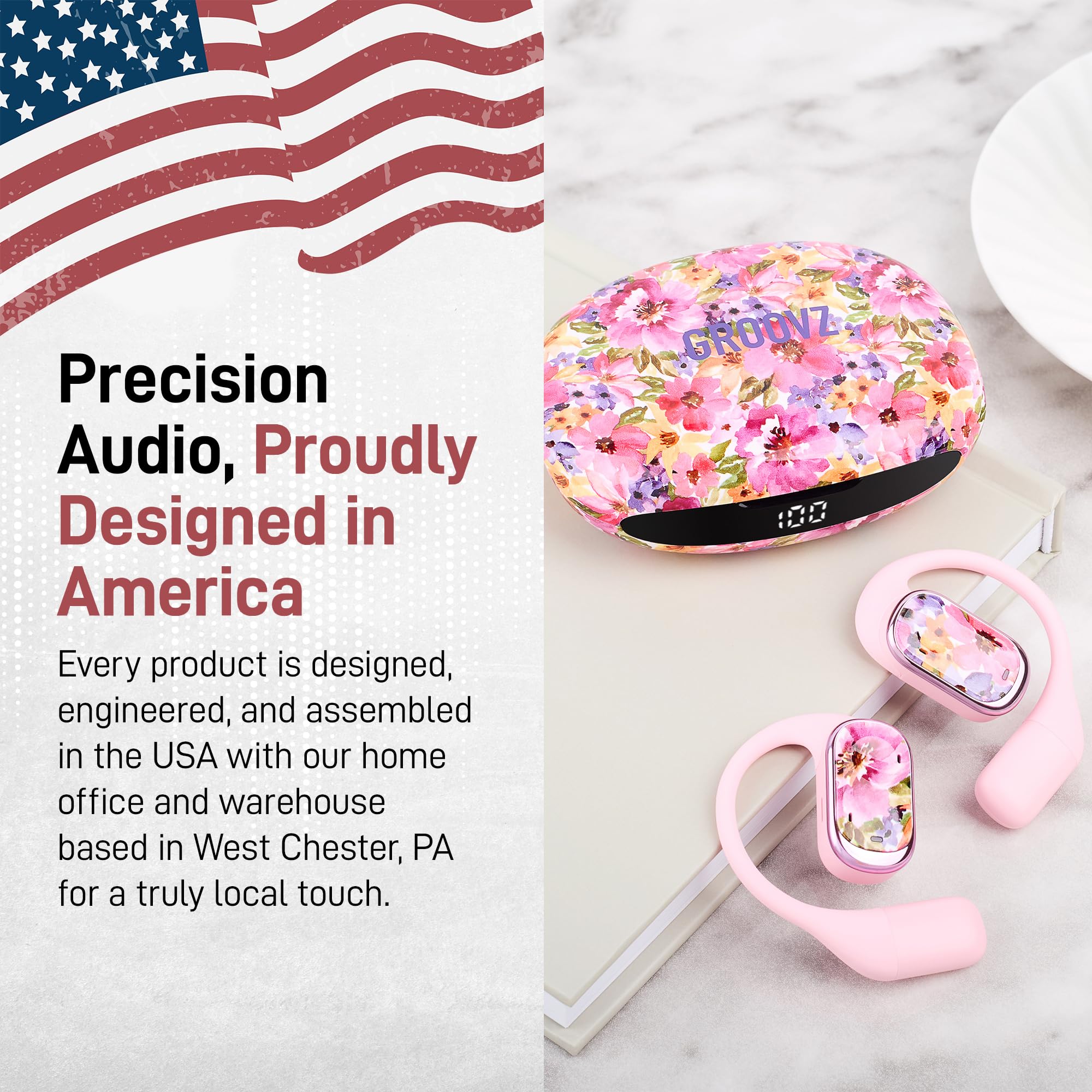 Groovz Open-Ear Plus True - Cuffie wireless con display della batteria, progettate e progettate negli Stati Uniti, con accoppiamento multipunto, auricolari Bluetooth aperti compatibili con Apple e