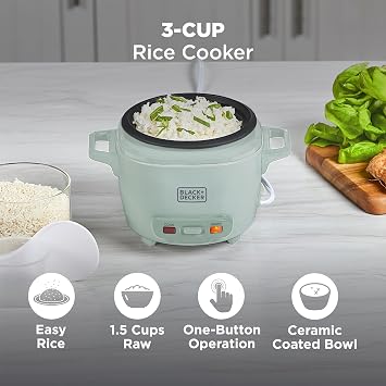 BLACK+DECKER 3-Cup Rice Cooker with Ceramic Pot, Surf Spray