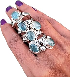 Aquamarine Ring| 925 Sterling Silver Plated| Boho Ring| Handmade Ring| Oval Stone Ring| Aquamarine ~ Gemstone Jewelry| Statement Ring| Daily Wear Ring| Promise Ring| Cocktail Ring| 6 Pcs Ring| Women Gift Ring| Best Gifts Forever