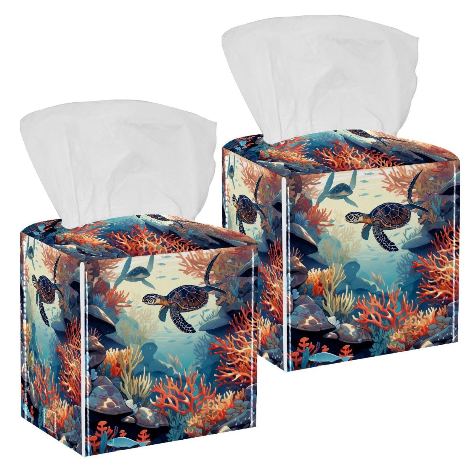 Corals and Turtles Tissue Box Cover, 2 Pack PU Leather Square Facial Tissue Dispenser Box holder for Home Office Car