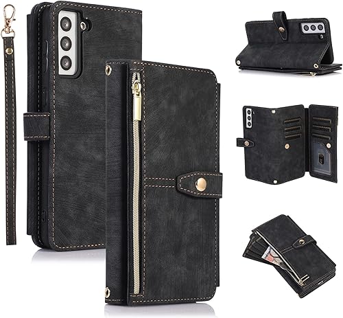 Miniatura 137 de UEEBAI Funda para Samsung Galaxy S21 FE 5G, 9 ranuras para tarjetas, cartera de cuero retro a prueba de golpes, con correa de mano, ranuras