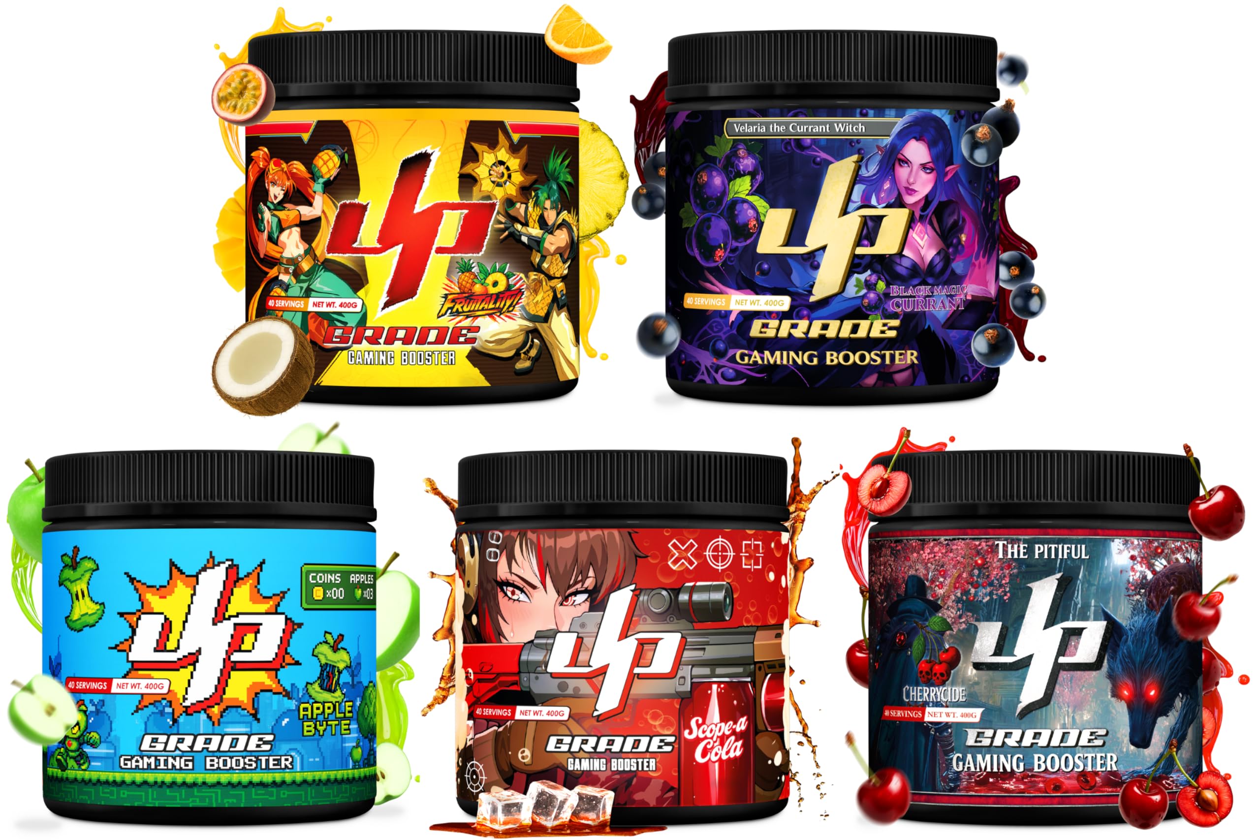 UP-GRADE Gaming Booster Bundle – Energy Drink Pulver für Fokus & Energie – 5 Sorten im Vorteils-Set – je 200mg Koffein, Vitamine & Magnesium – 5x40 Portionen (5x400g)