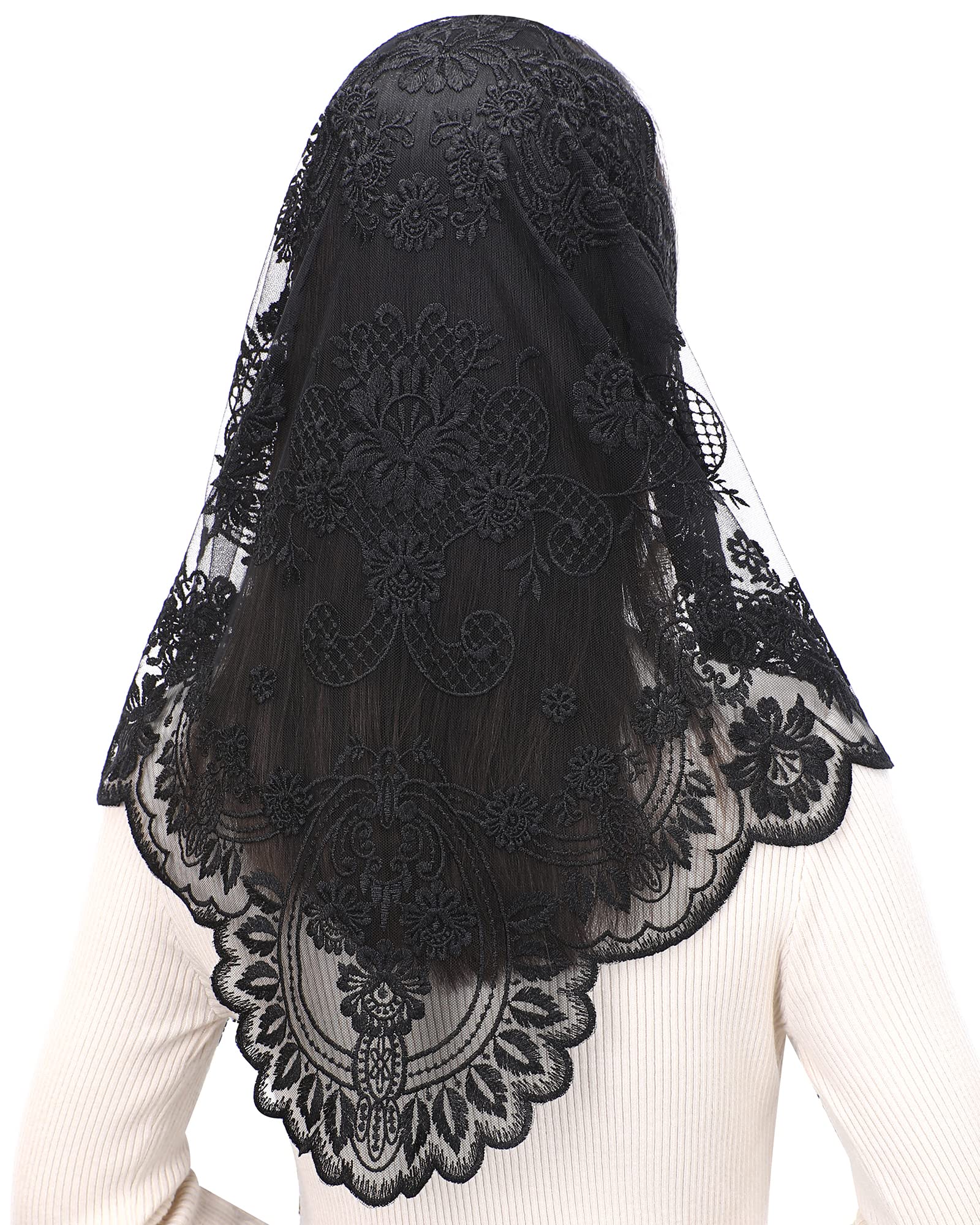 Triangle Catholic Chapel Mantilla Veils - Short Camellia Embroidery Latin Mass Scarf Church Lace Veil with Gift Box