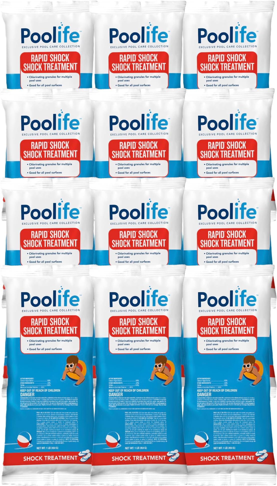 Poolife Rapid Shock for Pool Algae, Bacteria, Contaminant Removal - Fast-Dissolving, CYA-Free Calcium Hypochlorite Pool Shock for Clean Water - Chlorine Granules for Above/Inground Pools - 1lbx12 Bag