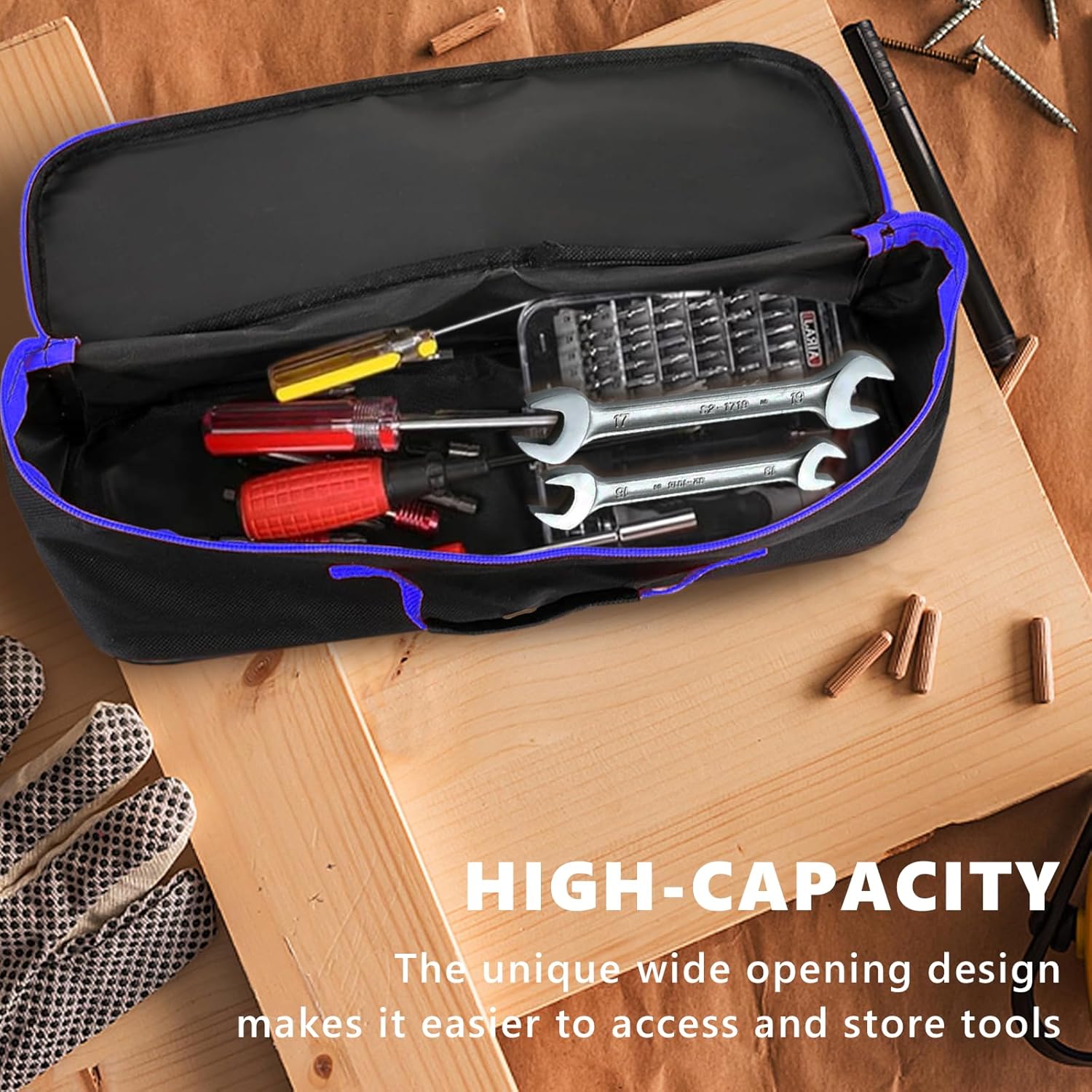 3 Pack Tool Bag with Zipper, Utility Wide Mouth Waterproof Oxford Tool Pouch, Multiple Purpose-Tool Organizers and Storage, Small Metal Tools Bags (Blue-Large)