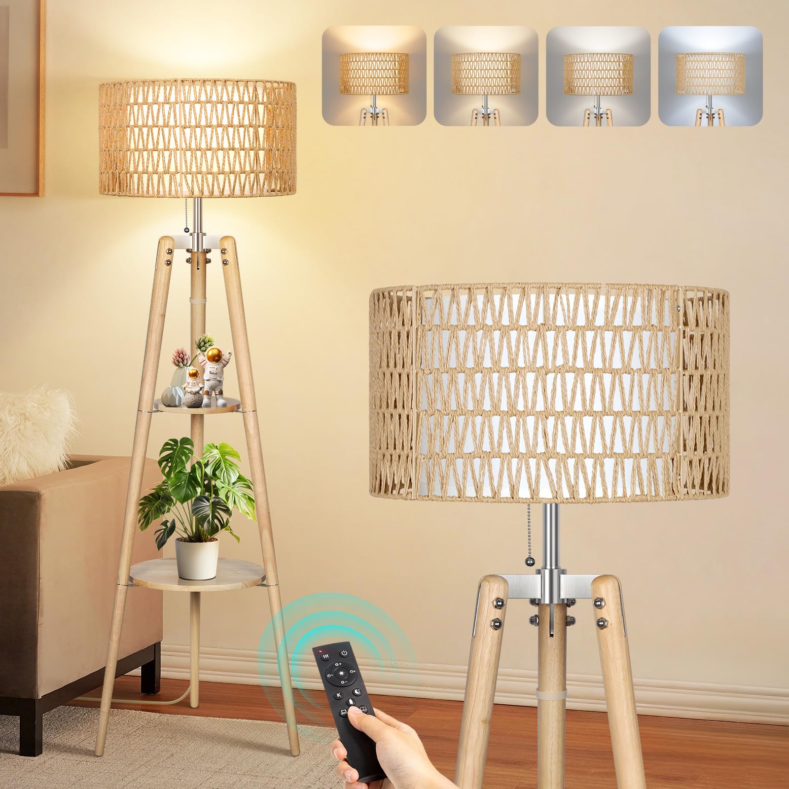 OUTON Lampara de Pie Madera Tripode Regulable, Lámpara de Pie con Control Remoto, 4 Temperaturas de Color, Funcion Memoria, Lampara Ratan Estante con Pantalla de Lino para Salon y Dormitorio (Madera)