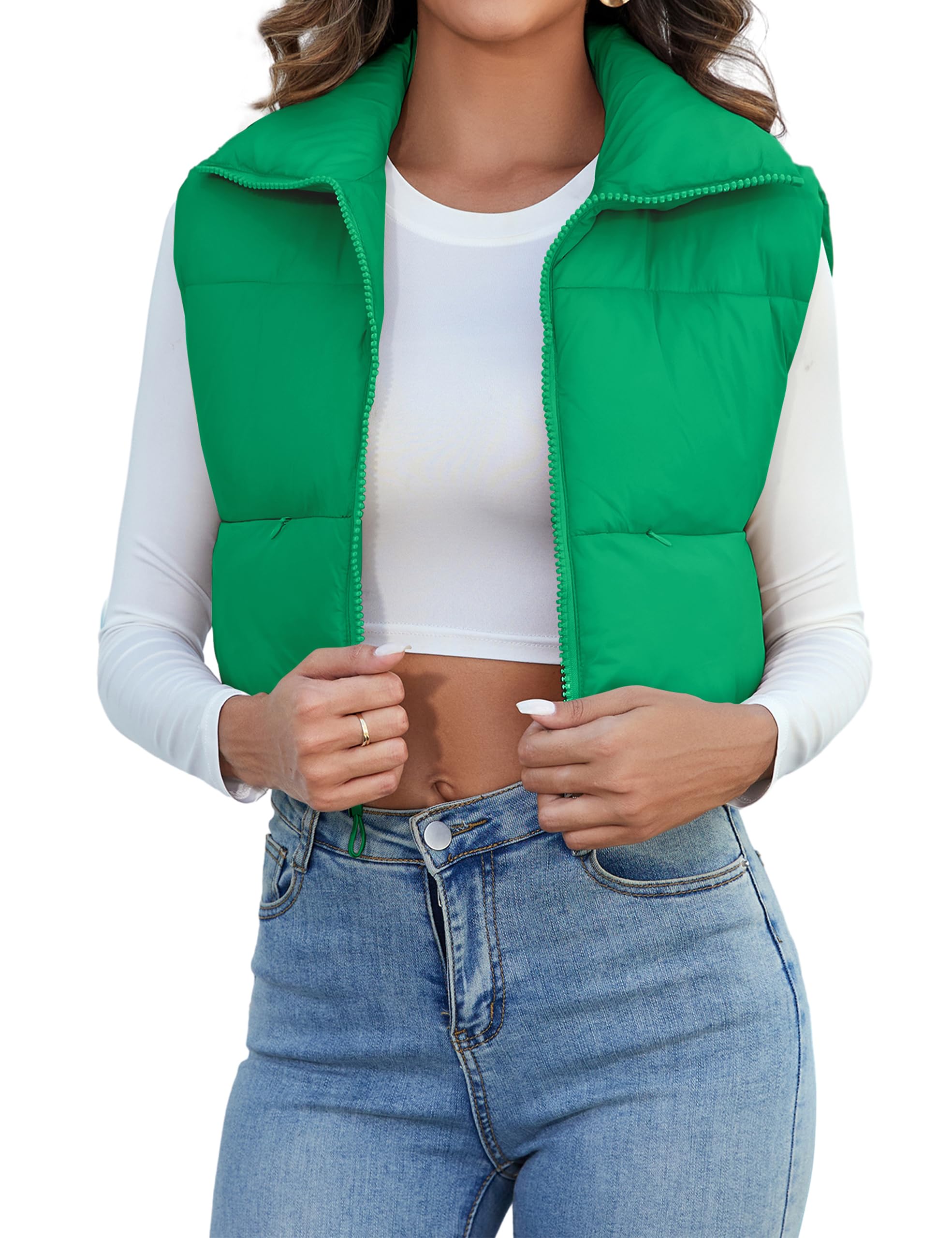 Kissonic Women's Padded Down Vest Puffer Stand Collar Zip Up Crop Sleeveless Jacket