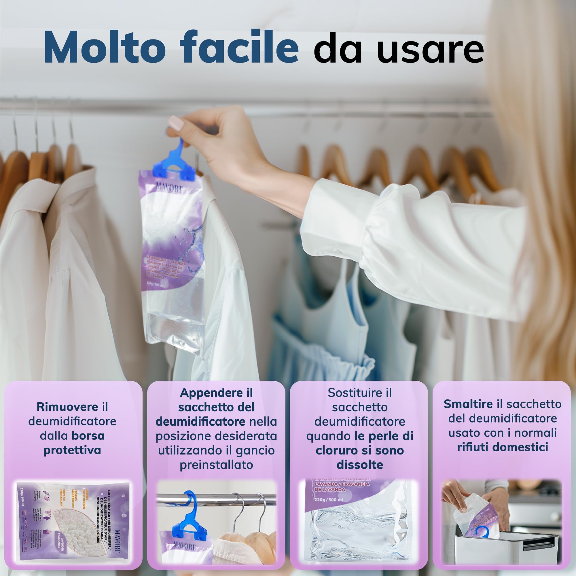 Set 10 deumidificatori XL da appendere | deumidificatori a sacchetti | deumidificatore da armadio e assorbiumidità per ambienti contro umidità, fino a 500 ml per sacchetto (Profumo di lavanda)
