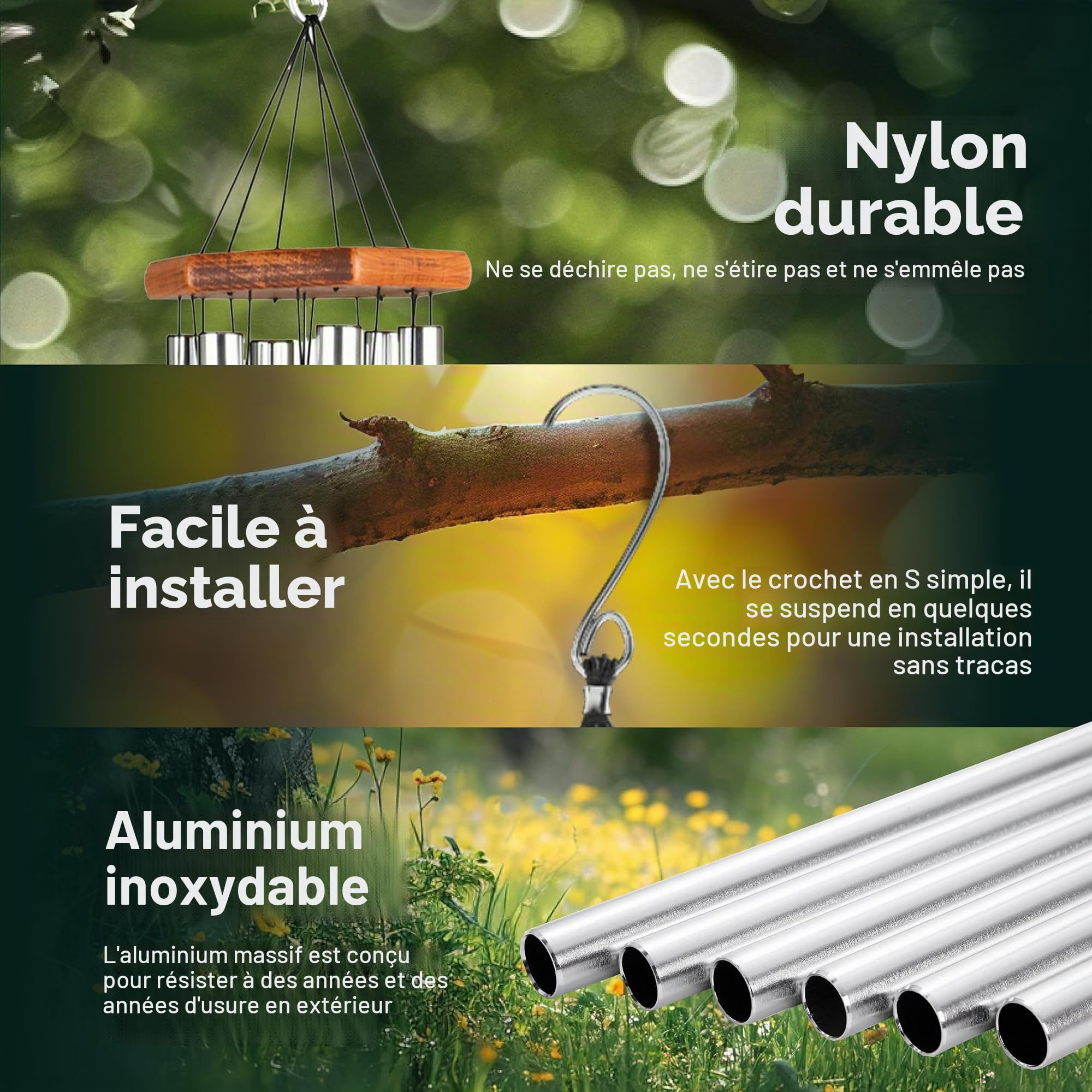 Nature's Melody Premiere Grande Tunes Carillon éolien – Carillon d'extérieur avec 6 Tubes accordés à l'échelle pentatonique E, Aluminium antirouille, Bois de hêtre et Crochet en S pour condoléances,