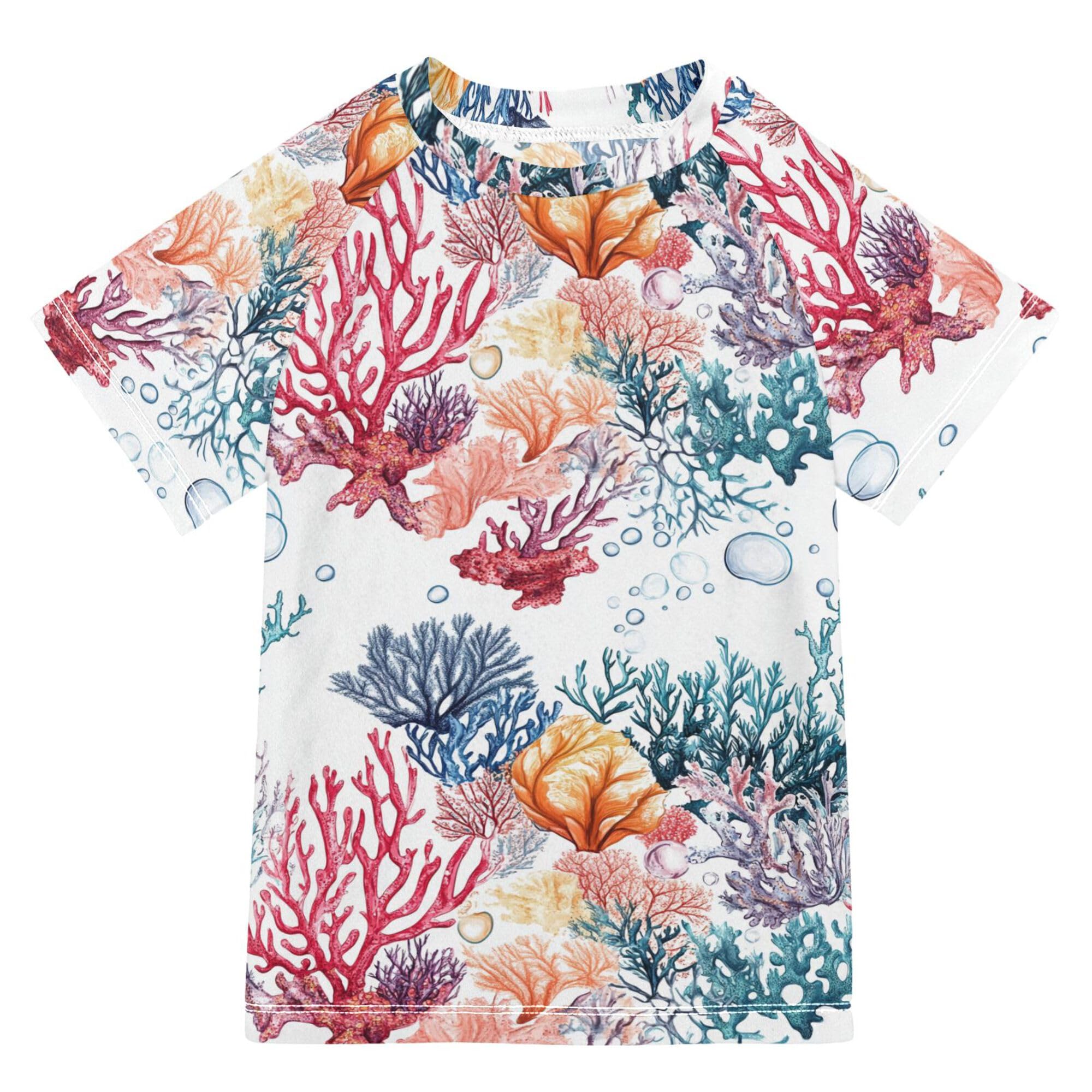 Aesthetic Cyanea Capillata White Girls Bathing Suit UV Protection Girl Swim Rashguard Swimwears Athletic Shirt for Toddler Boy 7-8Y