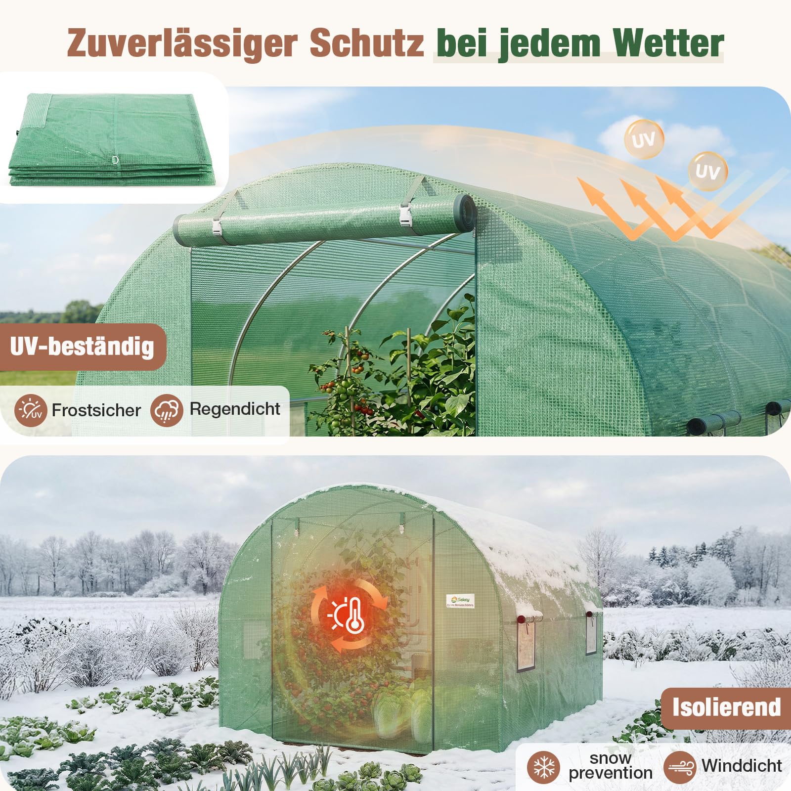 Sekey Ersatzfolie 3x2x2m für Folientunnel – 140g/m² PE Gitterfolie mit 4 Fenstern & 2 Türen – UV-beständig & Reißfest – Ersatzabdeckung für Treibhaus & Tomatenhaus (Grün, Ohne Gestell)