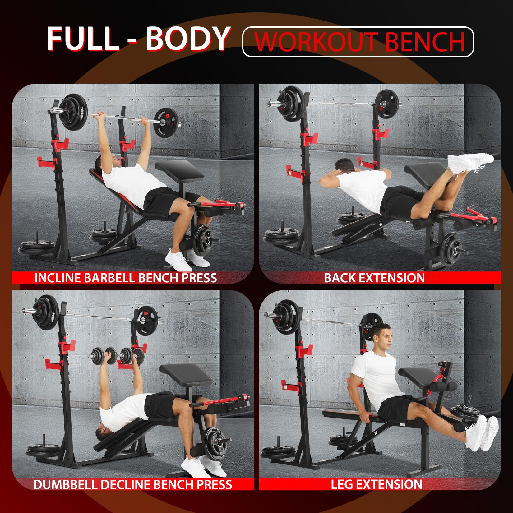 OPPSDECOR 9 in 1 Adjustable Weight Bench Set with Squat Rack 900LBS Bench Press with Leg Extension & Leg Curl Multi-Function Full Body Workout Benches for Home Gym with Safety Bar Catches & V-Handle