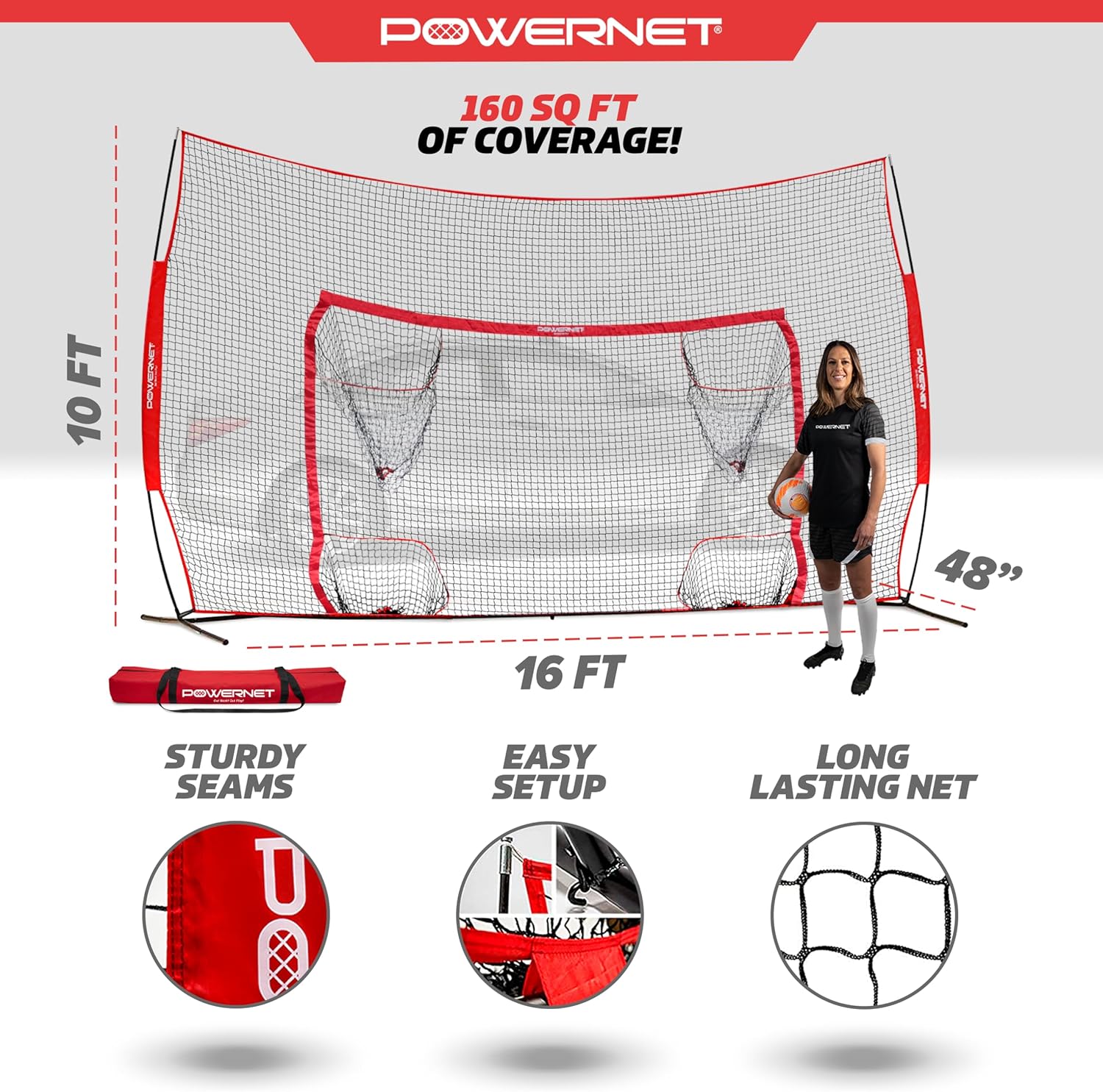 PowerNet Soccer Goal, 16x10 FT Soccer Training Equipment Combo Barrier Net, Pop Up Goal with Four Pocket Targets, Improve Accuracy, Stops Most Missed Shots