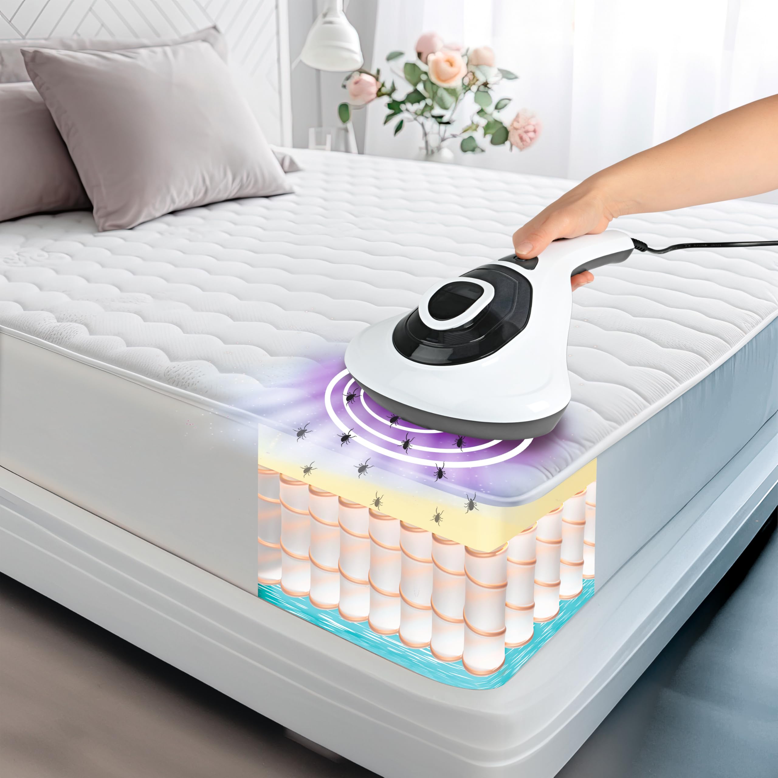 Milbensauger mit UV-C-Licht & HEPA-Filter – 300W Vibrations-Sauger entfernt 99,9% Aller Milben – Matratzensauger gegen Allergene – Tiefenreinigung für Matratzen, Kissen & Bettdecken