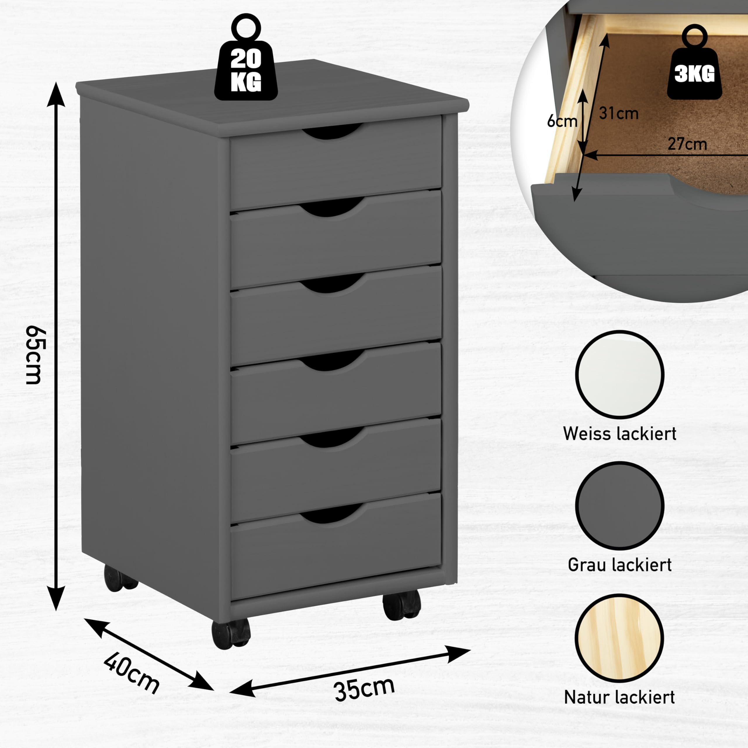 Inter Link Caisson à roulettes à 6 tiroirs – Caisson de bureau à roulettes – Bois de pin massif laqué gris – Caisson à roulettes pour bureau et bureau à domicile – 35 x 40 x 65 cm – Modèle Simon