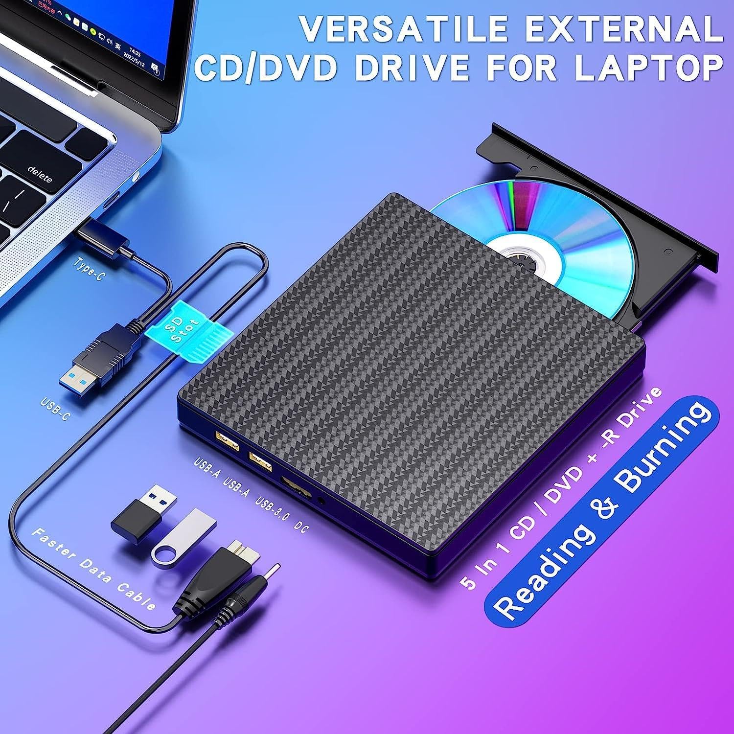 External CD DVD +/-RW Optical Drive with SD Card Slots Reader and 2 USB Ports, USB 3.0 Type-C DVD CD ROM Disk Drive Player Burner Rewriter Portable for LaptopPC Windows 11/10/8/7 Linux OS