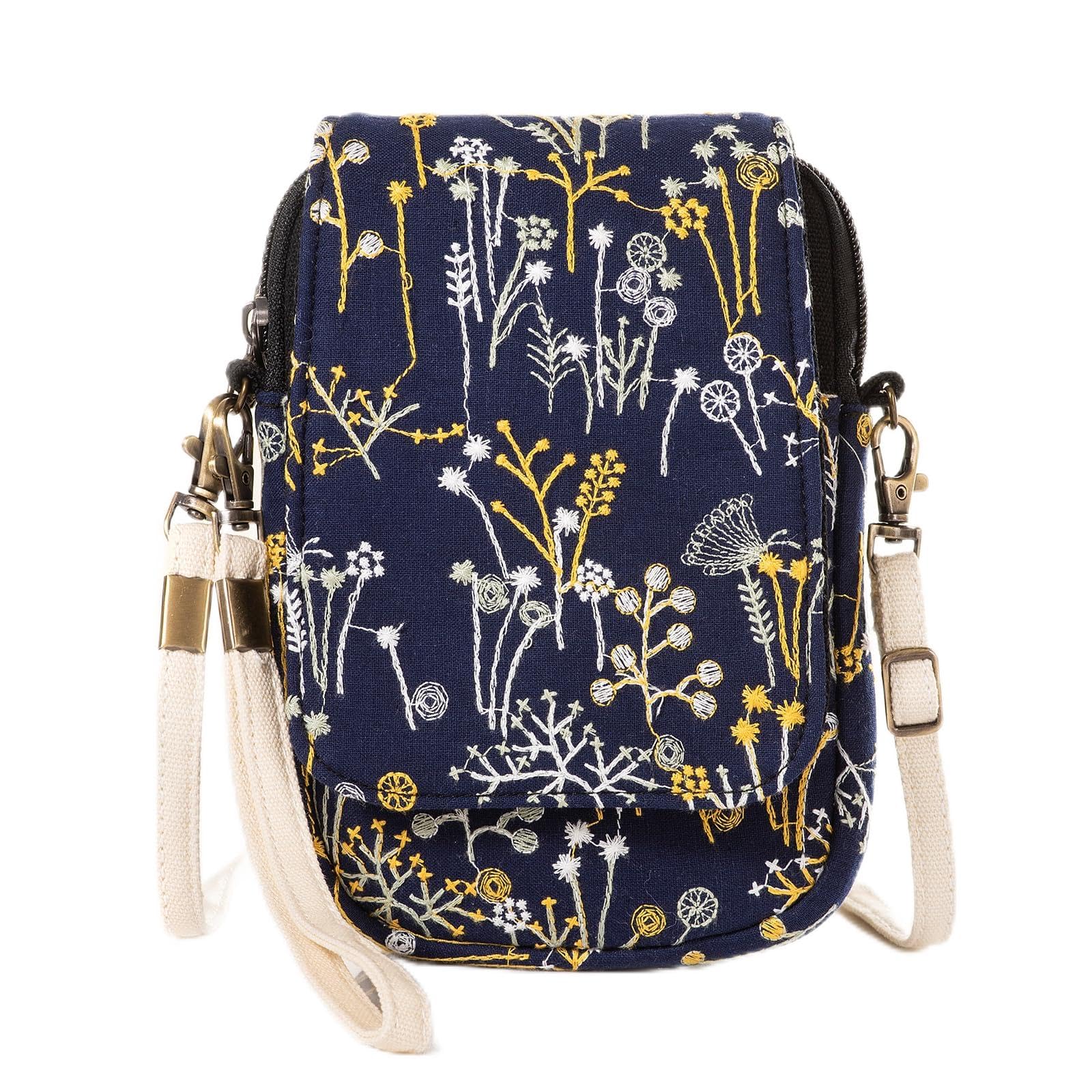 Embroidery Flowers Canvas Crossbody Bag, Women Messenger Bag, Cellphone Pouch Purse