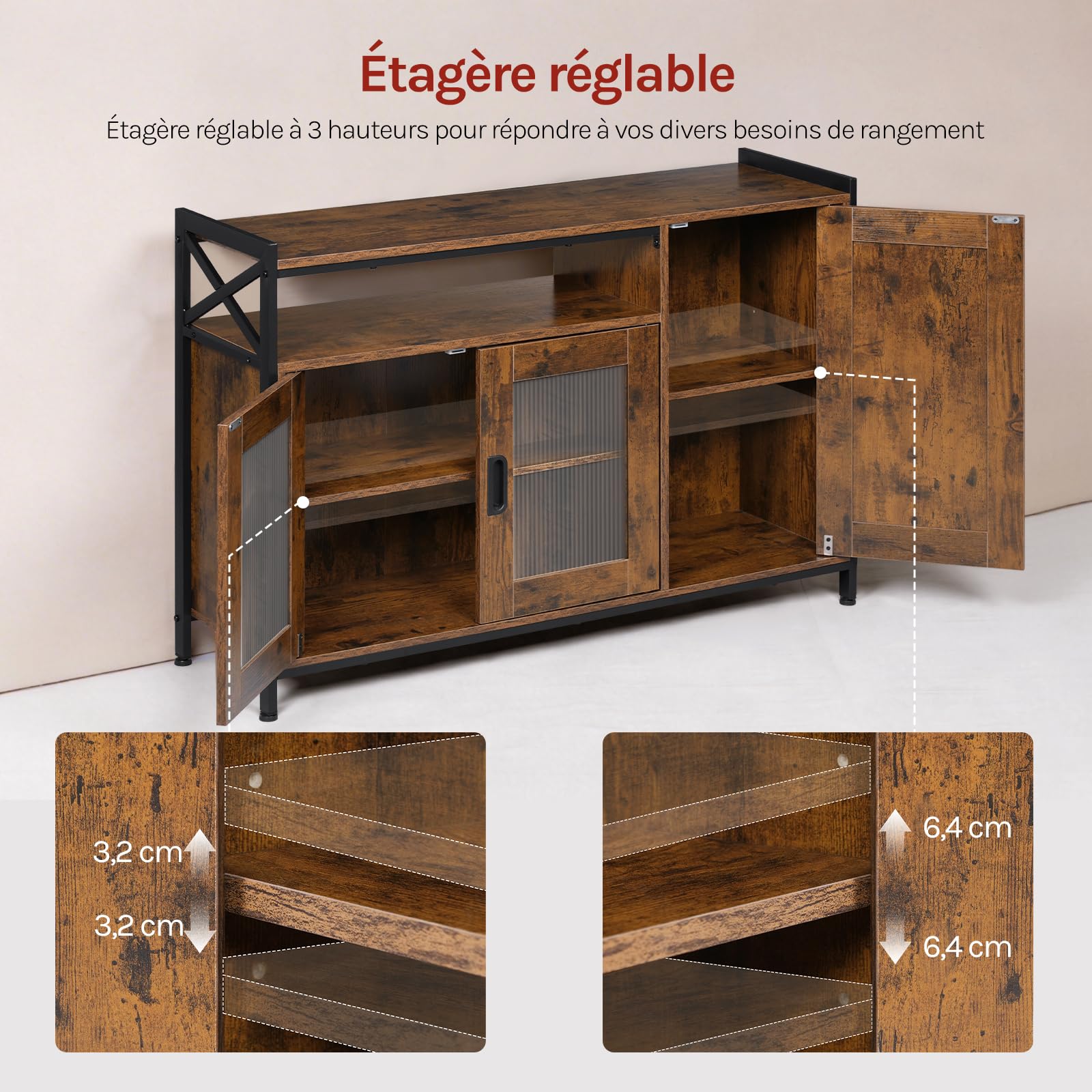 WOLTU Buffet de Cuisine, Meuble de Rangement, avec 3 Portes, Plan de Travail et Compartiment Ouvert, pour Cuisine, Salon, Entrée, 110x33x75 cm, en Bois + Métal, Marron Rustique