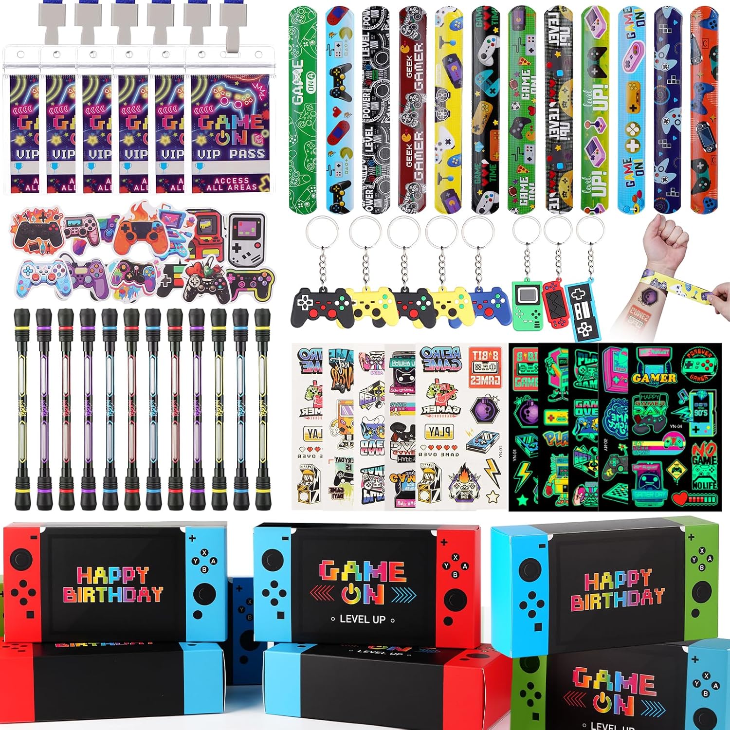 Vanblue 122pcs Video Game Party Favors Gamer Birthday Supplies,Game Theme Gifts Boxes Party Birthday Decorations VIP Pass Tickets Keychain Temporary Tattoo Stickers Goody Bag Stuffer for Boys Kids